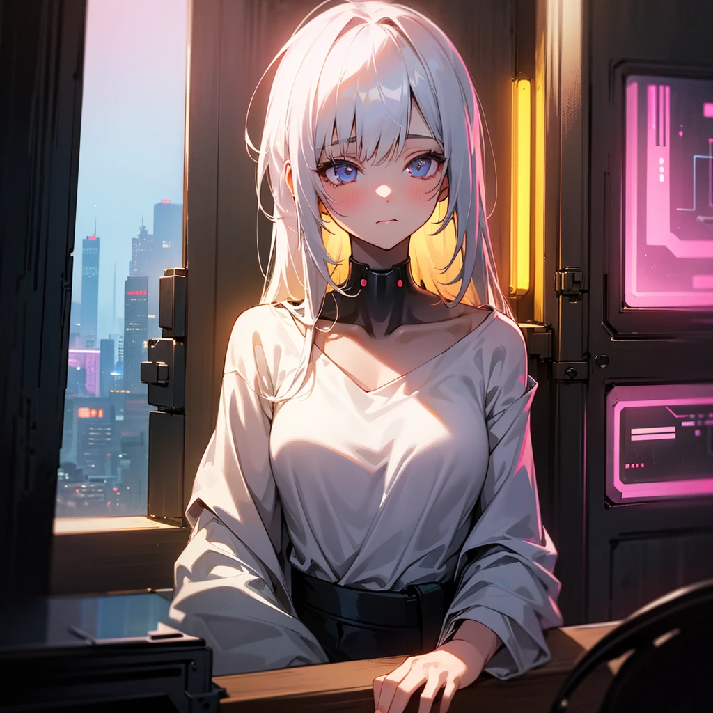 A sexy girl is sitting in a chair by the window, blinking her eyes and listening to music. Outside the window is a night city.