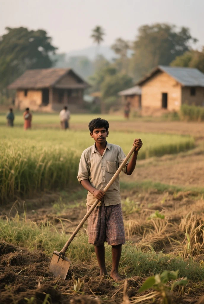 A young boy, dressed in simple, worn clothes, working hard in a lush green field. He is plowing the land with a traditional plow, showing sweat and determination on his face.