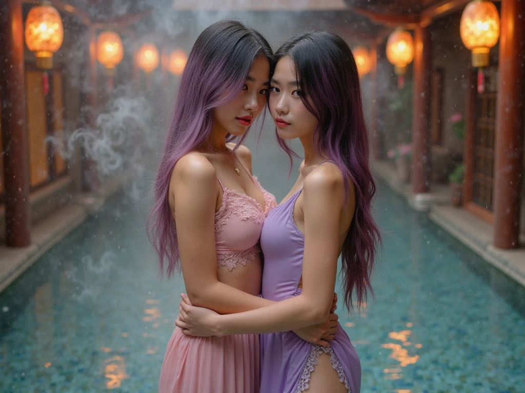 nsfw, 2 female korean idols、bright white skin, beautiful skin, in a silk bed, tightly embracing each other, kissing each other, open eyes, lipgloss, smiling face, eyeliner, long eyelashes, naked small breasts, shiny very large earrings,(turquoise blue and light green)、shiny very large necklace,(turquoise blue and light green)、shiny latex tight mini skirt,(turquoise blue and light green)、shiny bright colorful hair, (turquoise blue and light green)、conceptual art, High quality, Realistic, extremely detailed CG unified 8k wallpaper, highly detailed, High-definition raw color photos, professional photography, Realistic portrait, Cinematic Light, Beautiful detailed, Super Detail, high details, (((Bokeh))), depth of fields, bright illumination