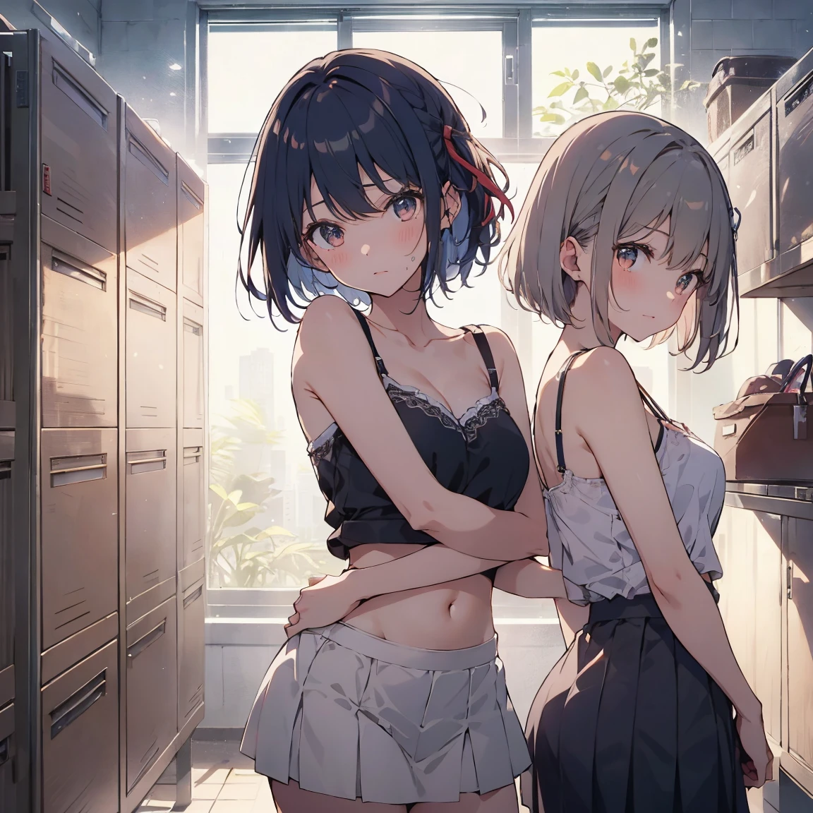 (highest qualityのイラスト:1.2), (cute girl:1.1), (1 girl, alone:1), (2 girls、8-year-old、、、small、cute、cute、small胸、Very detailedな目:1.2)、(lily、kiss、Hug from behind、grab、eyes half closed、eye contact:1.Sweat、I was embraced、blush:1.1)、 break White Bra、ピンクのgood、Blue Bra、Green bra、Grey Bra、light Grey Bra、 Striped bra、水玉模様がgood、goodチェック柄、cute、good、kids good、sporty、camisole、Cotton panties、School Skirt、Blake Black Hair、Blue Hair、Brown Hair、extra belly short hair、short hair、Middle Hair、Hair length、Wavy Hair、Curly Hair、Pale pink braids、Princess Cut、Bobcut、Twin tails、低いTwin tails、ponytail、ライトブルーのローponytail、break(locker room:1.2)、(evening、evening、Orange sunlight:1.2)、 break(highest quality、Very detailed、Very detailed and beautiful、超A high resolution、Arm details:1.2)、Browsing Caution Beautiful Pool