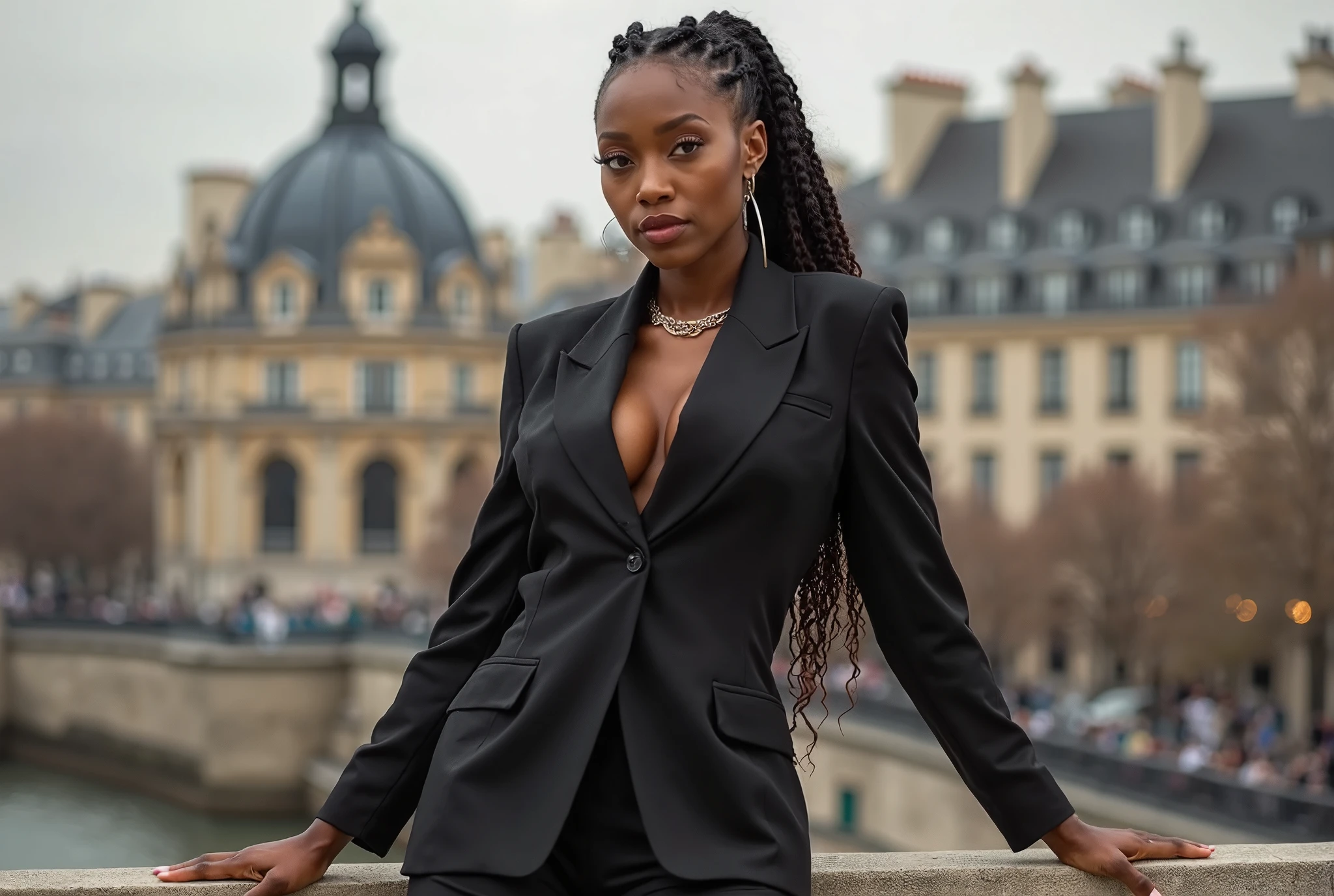 jolie femme métisse africaine 25 ans corps détaillé, detailed hands, gros seins, Cheveux noirs raides haute definition, Elle a des yeux clairs et est habillée d'une jupe courte blanche with des bas blacks, un pull blanc en laine. The scene is déroule in a park en automne. chef d'oeuvre, best quality and definition, plage dynamique totale, ultra high def. Photographie de rue professionalnelle with éclairage control
