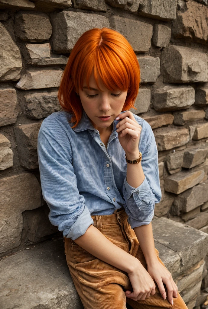 a Scottish woman with pale skin, blue eyes, short, red curly and messy hair, she wears a loose forest green and white gingham shirt, the shirt covers her black shorts, thick and beautiful legs, can be intimidating, dark hair, simple rose gold jewelry. Standing in the doorway of a traditional highlands cottage.
