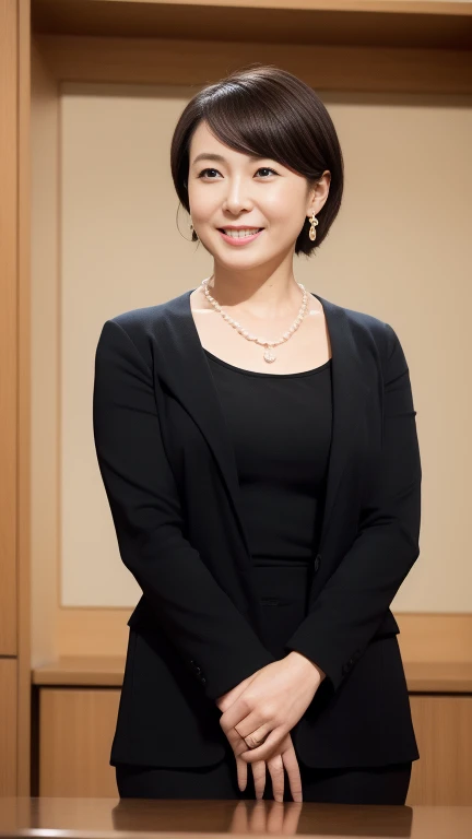 Beautiful mature Japanese woman aged 55, Long eyelashes, Low Ponytail, Red lipstick, Pink Cheeks, Pearl Necklace, Earrings, Houses of Parliament, Female politicians, Stylish suit