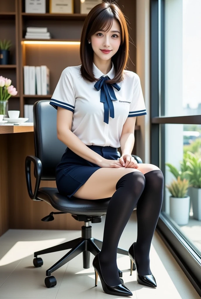 Tabletop, highest quality, 8k, office ladyー、Mei Watanabe、Award-winning portraits, smile, alone,  Digital single-lens reflex camera, Looking at the audience, Thin arms, whole body、Professional Lighting ,{sitting on a park bench}, Short black hair, hairpin、office lady{{Tight Skirt、Pencil Skirt、mini skirt}}、Lace panties、View from the front