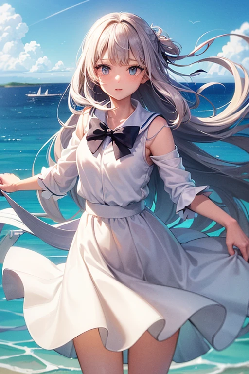 (master_piece, high_quality, beautiful, super delicate, absurdres:1.2), 1girl, mature, 16 years old, beautiful face, ahoge, hair fluttering in the wind, white hair, blue eye, (sailor long windy dress suit, long skirt, The wind is blowing, Skirt flipped up, I can see your underwear, skirt that flipped in the wind, skirt billowing, I can see your underwear, wind lift, skirt full blooms:1.2), port, (clear water, gemstone sea:1.2), Ship in the distance, The trails that planes make, blue sky, Sunshine, street in the distance,