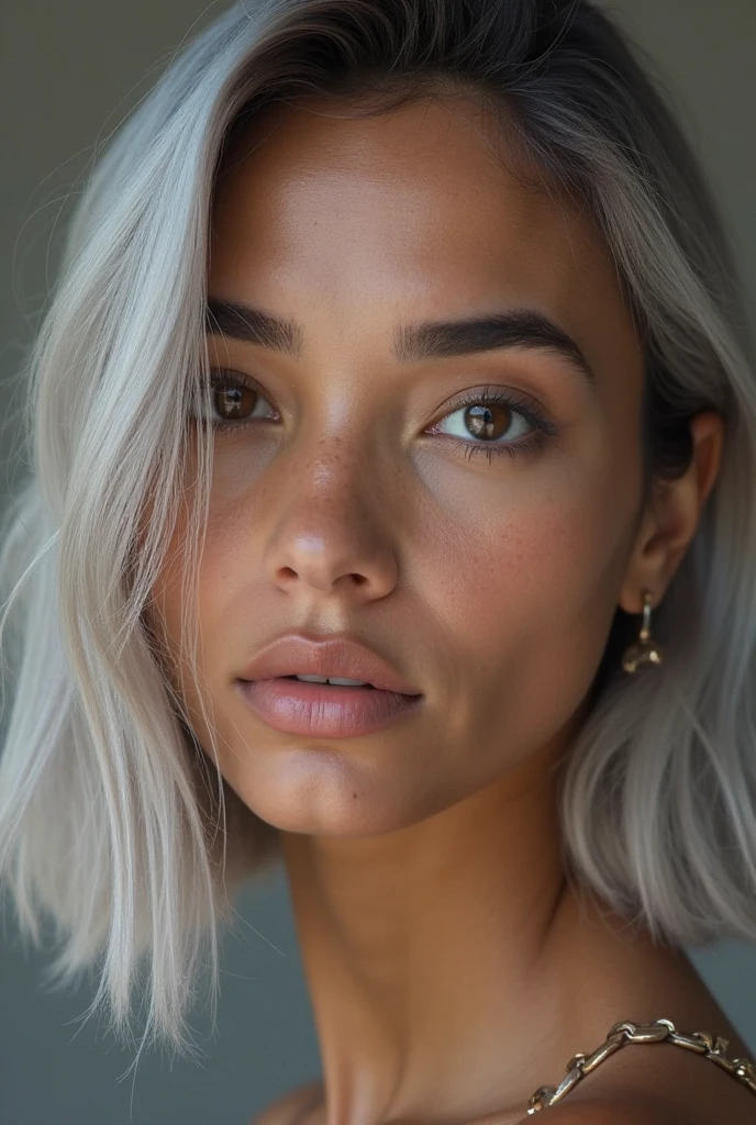 portrait photo of a beautiful tanned latina with bright green eyes, straight long bleached grey hair, big breasts, fitness model, fit sensual porn model, Instagram model, victoria secret model
