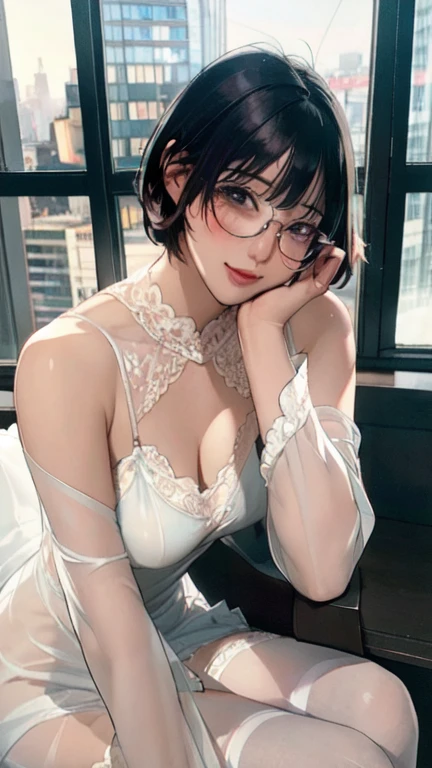 Beautiful and mature 55 year old Japanese woman, Married women, Fine Lines, Long eyelashes, Shining Eyes, Short Bob, (choker), (Bright red lipstick), elegant, Slim figure, Wearing glasses, Pink Cheeks, Pearl Necklace, Earrings, Cute Smile, ((Beige leotard)), Beautiful body lines, Cleavage, Full body focus, Shooting with butterflies, Browsing Caution, (Highest quality,4K,8k,High resolution,masterpiece:1.2),
