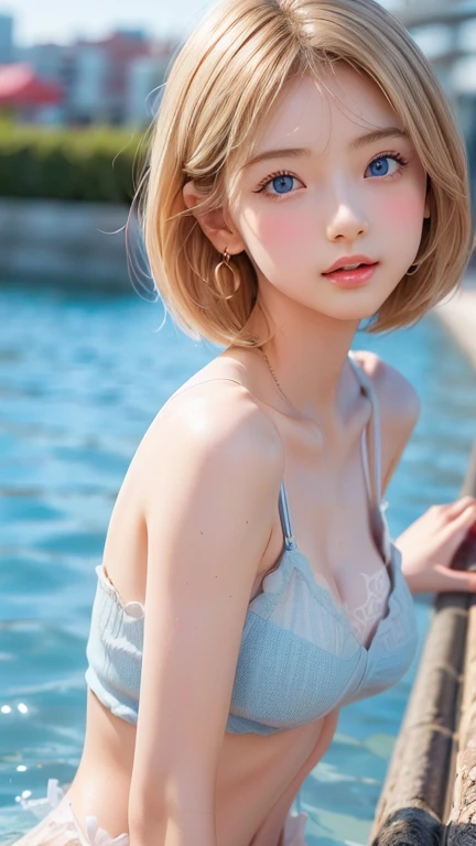 Beautiful and fair、Glowing Skin, 3 Up, Nice, bright, Refreshing and gentle look, Perfect beautiful face、Blonde Short Hair,Beautiful shiny bangs, Very beautiful 17 year old girl, eyeliner, so perfect and beautiful、big, clear, Sky blue eyes,Very large breasts,The original skin is visible through the grooves,athlete