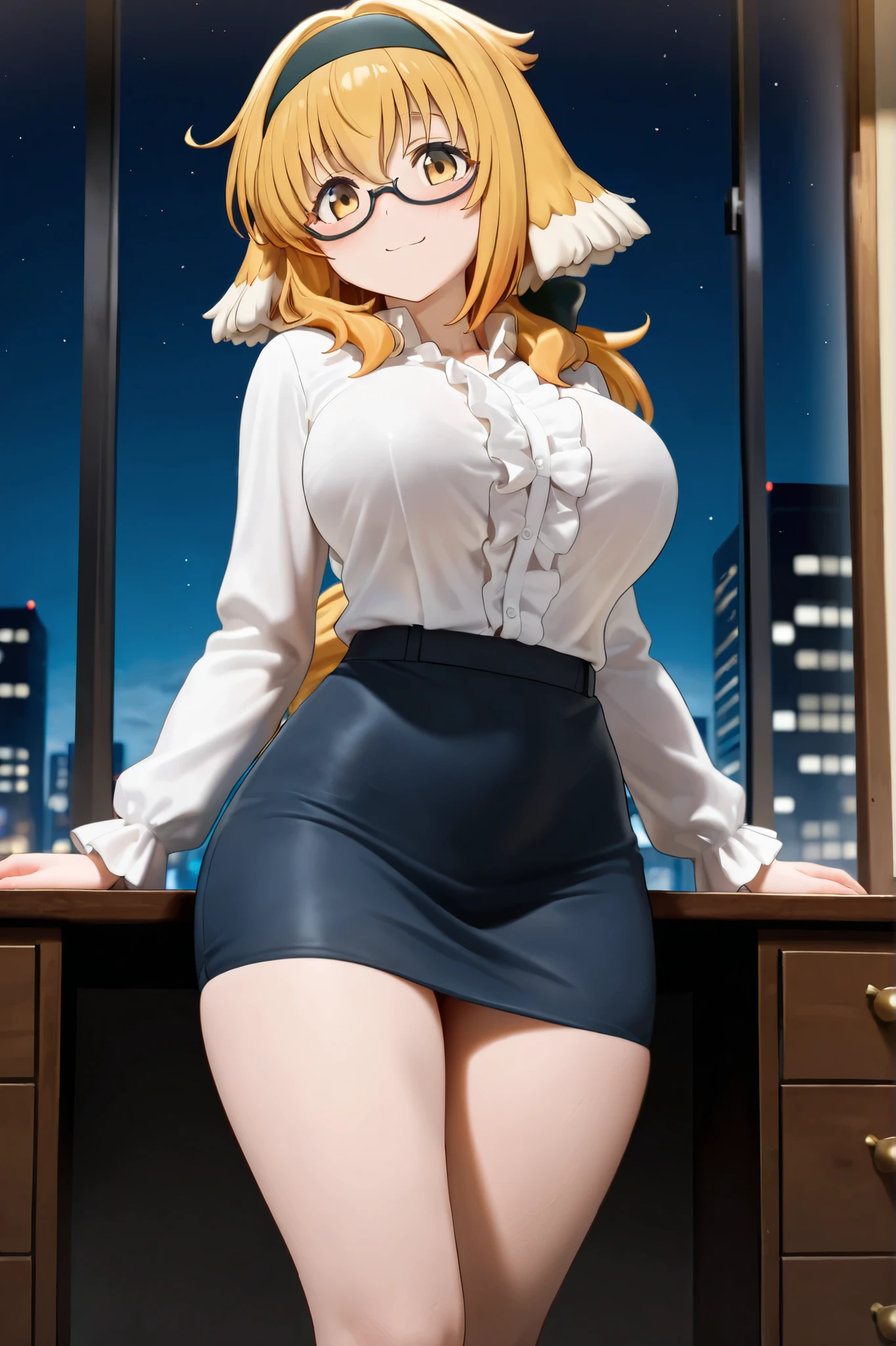 masterpiece, best quality, cinematic lighting, dynamic lighting, perfect anatomy, detailed, beautiful detailed eyes, 1girl, solo, mature female, 26yo, <lora:tia-nikke-richy-v2:1> tia, hair ornament, jewelry, earrings, light smile, blush, very long hair, dark brown eyes, blonde hair,
Medium breasts, wide hip, narrow waist, thick thighs, thigh gap, shiny skin, skinny,
looking back, looking camera, (from side:1), from below, cowboy shot, contrapposto, leaning forward, ass focus, high heels, (pantylines, panty shot:1.2), (glasses:1.5), eyeglass adjustment,
(white collared shirt:1.6), button gap, (pencil skirt:1.2), (light blue skirt:1.2), latex skirt, micro mini skirt, high slit skirt, hip length,
luxury room, Balcony, Beautiful night view, starry sky, cloudy sky
depth of field, vivid color, high brightness, high saturatin, colorful,