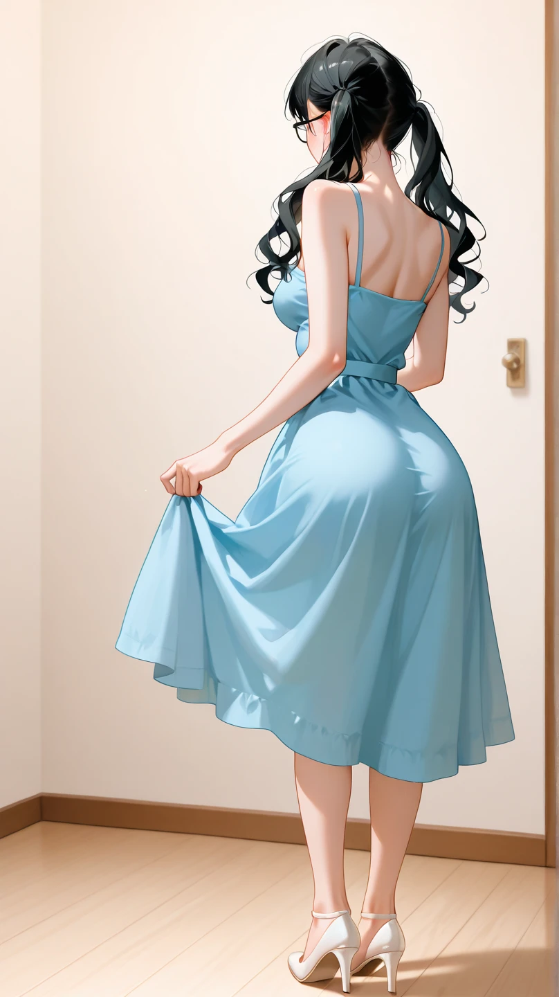 humbler woman in a kneeling pose, visible nipples, black hair, blue pupils, delicate face, cute, love earrings, absolute sheer sundress, standing at the door of the police station, playful, ultra hd, masterpiece, best quality, super detail, accurate