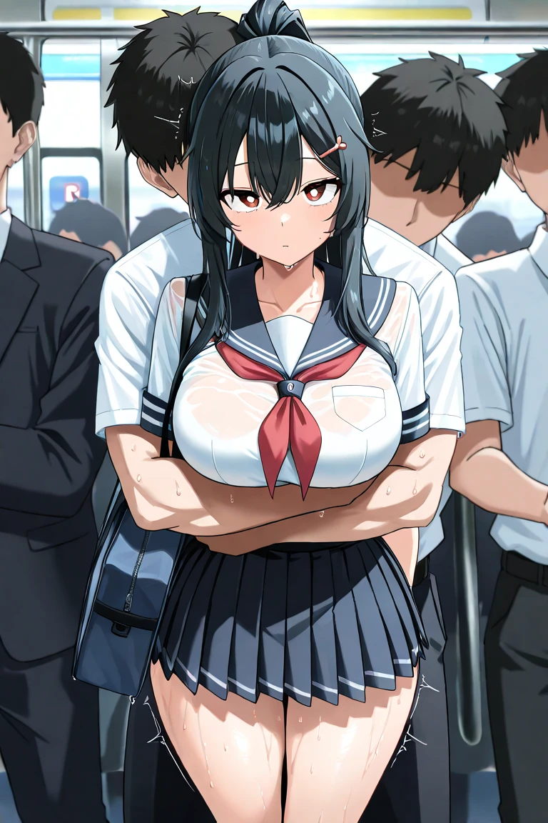 A thin female student with small breasts,{embarrassed face},station,large crowd of people,{breasts out},school uniform,nsfw,