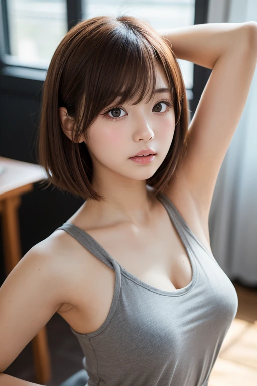 (Bob Cut Hair:1.2),(Wearing a ripped white tank top:1.8),1 person,Japanese,21 years old,(Small breasts:1.3),(Highest quality,masterpiece:1.3,Ultra-high resolution,),(Very detailedな,Caustics),(Realistic:1.4,RAW shooting,)Ultra-Realistic Capture,Very detailed,High resolution 16K human skin closeup。 Natural skin texture、,pores、、It needs to be detailed enough to be easily identifiable。 Skin tone is even and healthy looking。 Use natural light and color, Happy expression, Looking into the camera, Perfect dynamic composition, indoor、Cleavage、Earrings、Raise your hand、Armpits、freckles、(Round Glasses)、(erect nipples)、Sit on the bed、Bedroom、On the bed、Black Hair