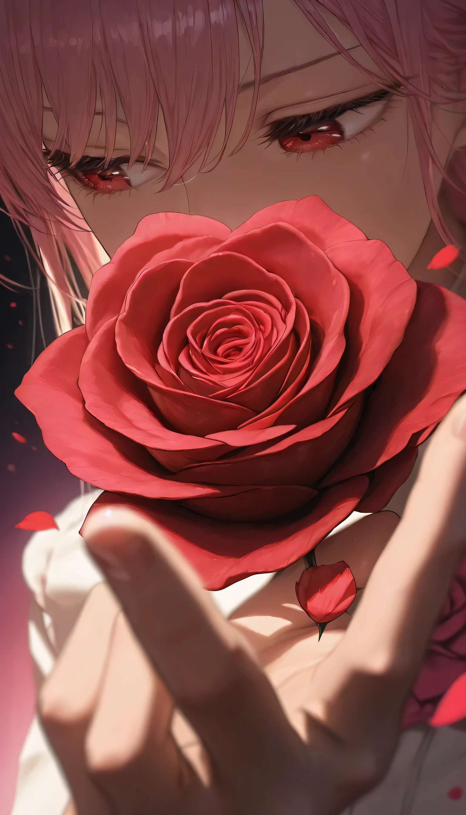 cinematic, (masterpiece), (best quality), (ultra-detailed), very aesthetic, illustration, realistic illustration, perfect composition, intricate details, absurdres, detailed face, (anime, masterpiece, intricate:1.3), (best quality, hires textures, high detail:1.2), (4k), (incredibly detailed:1.4),(dynamic angle), (perfect finger)(perfect image),(masterpiece:1.2),(1 girl),red cute dress,beautiful detailed red eyes,In the fantastic beauty of the pink sunset, Countless vibrant red roses bloom, pink blonde hair, A gentle light spreads over the tranquil surroundings, Delicate petals blend into intricate patterns,The background is soft and blurry,Add a dramatic and symbolic element to your scene, The petals are soft, Magical colors and atmosphere