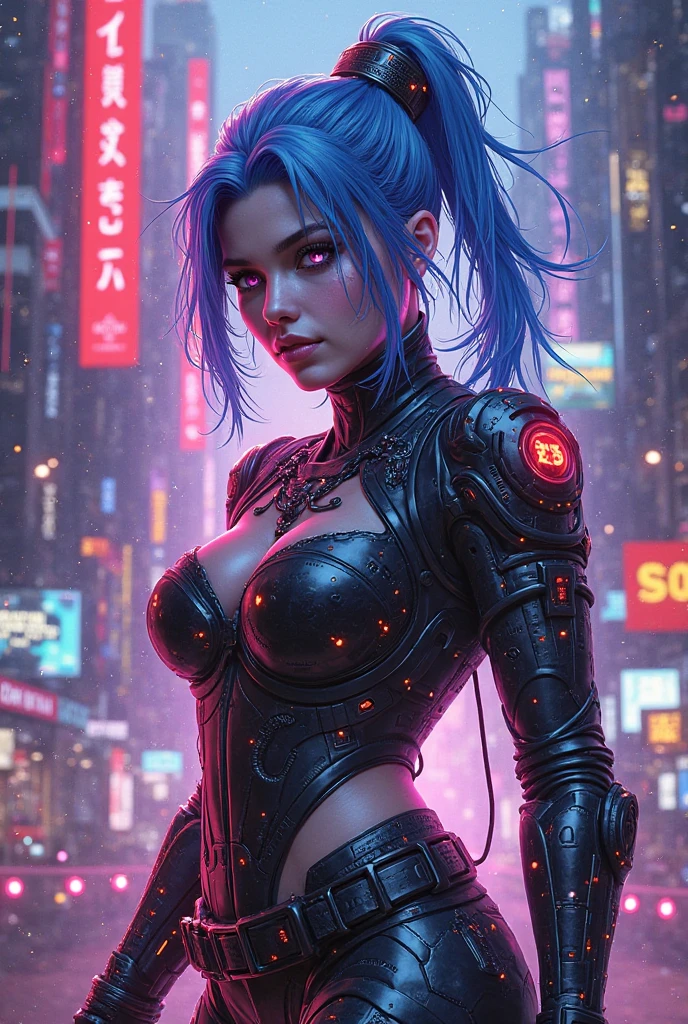 cyber punk style girl, fog in the background, face detailed, corpo sexy