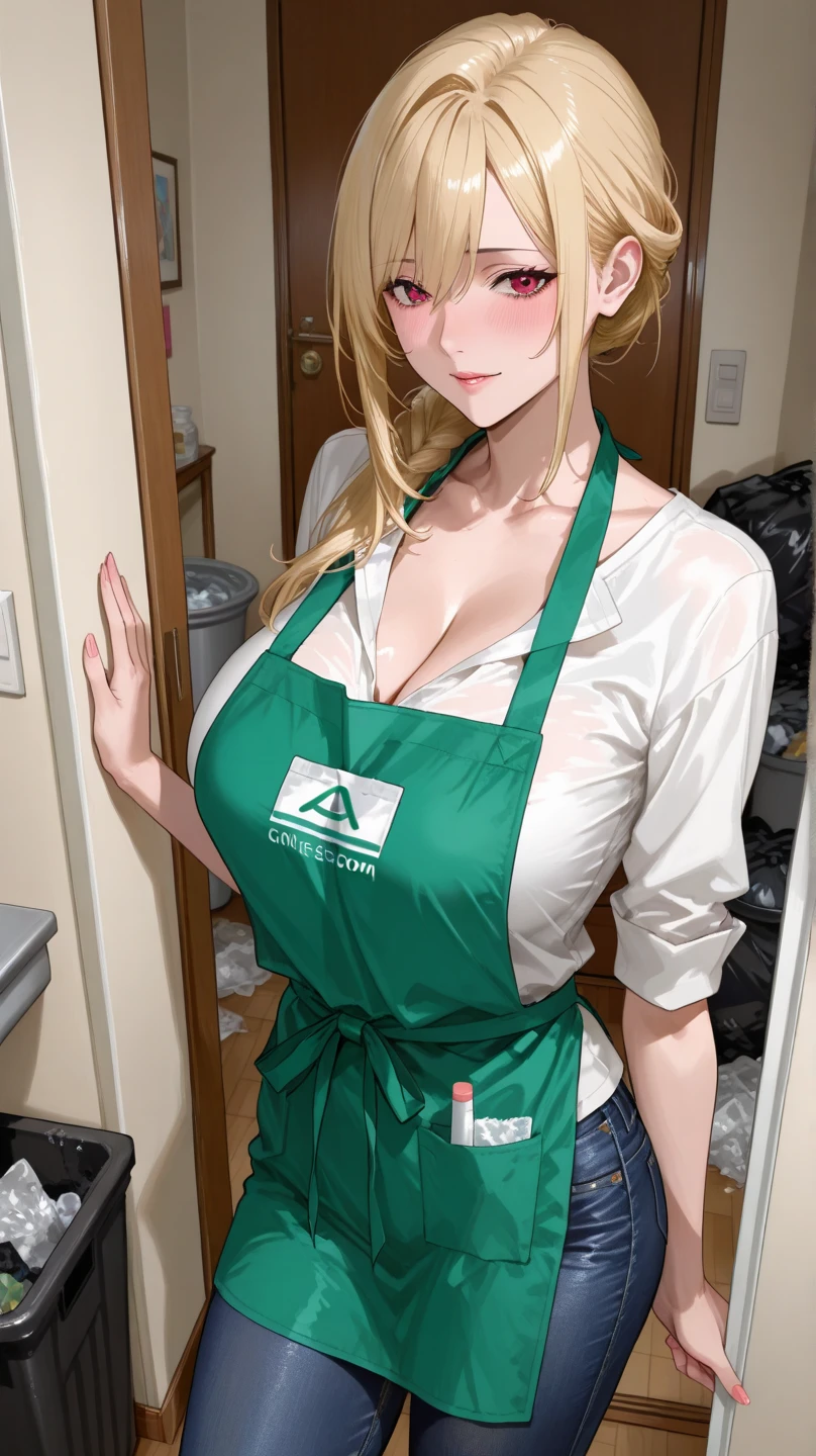 1girl, solo,
blonde hair, long hair, horse ears, horse tail,
green eyes, looking at viewer,
smile,
green apron,
erection, large penis, huge testicles, sagging testicles, cock sheath, dark testicles, pink penis,
cafe,