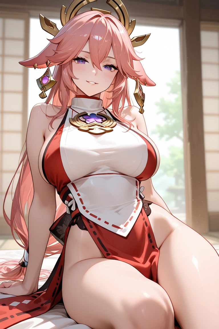 1 girl, (ulzzang- 6500:0.7), squatting on the ground,kpop idol, yae miko, single sleeve, bare shoulder, pink hair, long hair, japanese clothes, best quality, (drawings: 1.5), (hair accessories:1.35), jewelry, purple eyes, earrings, chest, torii, cherry blossom, lamp light, depth of field, face detail, face focus, ribbon, ribbon butt bon_trim (view: 1.25), non-traditional miko, glossy skin, long sleeves, thick lips, game cg, east asian architecture, (blurred background:1.2), upper body,tmasterpiece,Huge stacked breasts,The kinky exposed ,(Surreal breasttremely full breasts)),((Super large)),Big breasts Thin waist,(((Extremely large breasts))),seductiv,High detail,hyper qualit,high resolution,8K,8k smooth,(reality: 1.2),(Highly realistic, Ultra-realistic, photograph realistic),(Realism: 1.2),Solo,(Perfect feminine curveig breasts:2),(Huge breasts:2),(gigantic cleavage breasts:2),(Large breasts:2),(Bare tits:1.4),(chiseled abs : 1.1),Nice strong legs,,(Curvy:1.1),Narrow waist,(gigantic hip:1),(Thick thighs:1),(Thick legs:1),Muscular,(body builder:2)