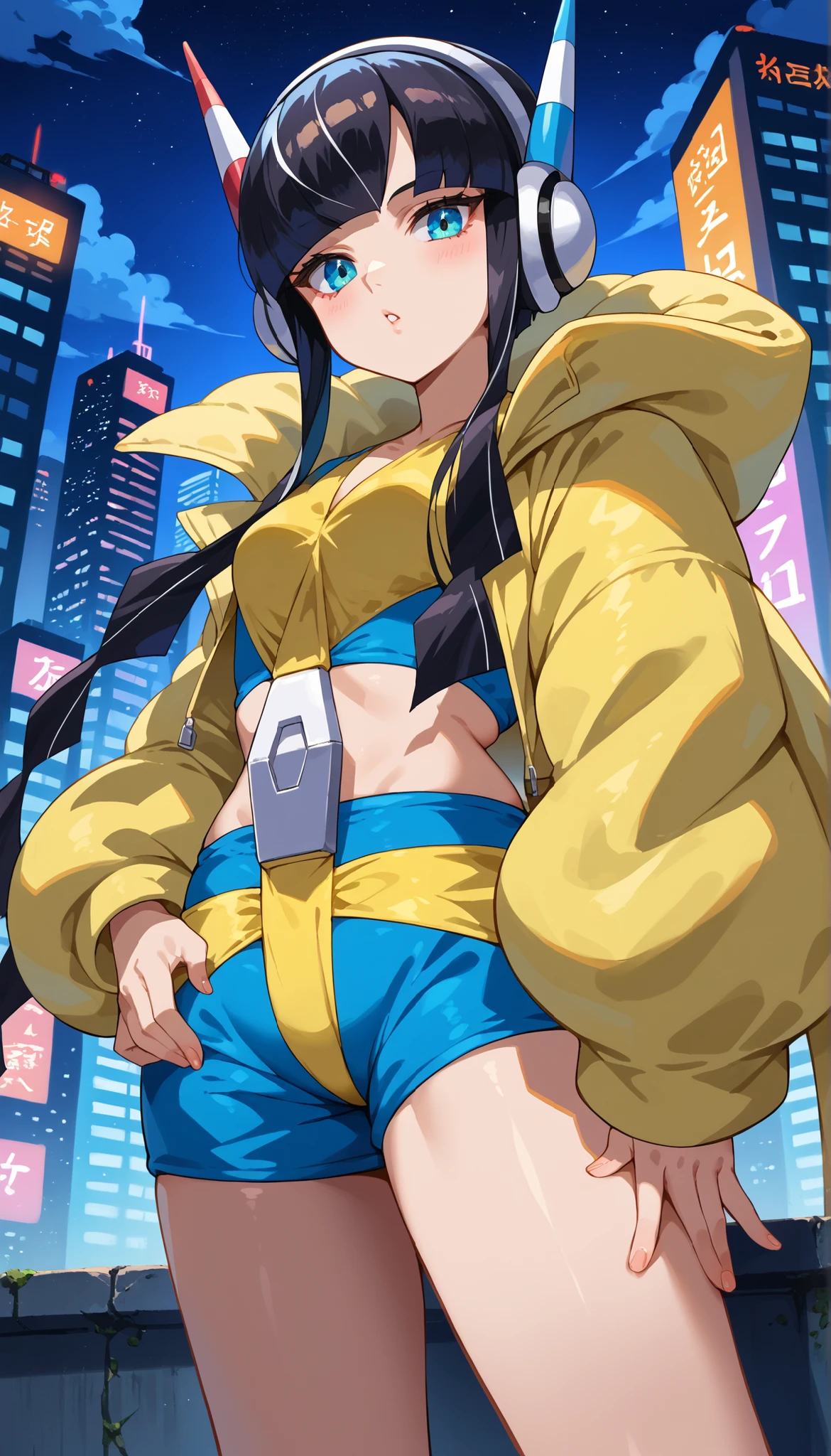 score_9, score_8_up, score_7_up, score_6_up, source_anime, BREAK 1girl,  bw2ele, black hair, streaked hair, long sidelocks, hair ornaments, headphones, yellow jacket, puffy jacket, crop top, yellow and blue shorts, neon city at night, looking at you, from below, hand on hip, model pose