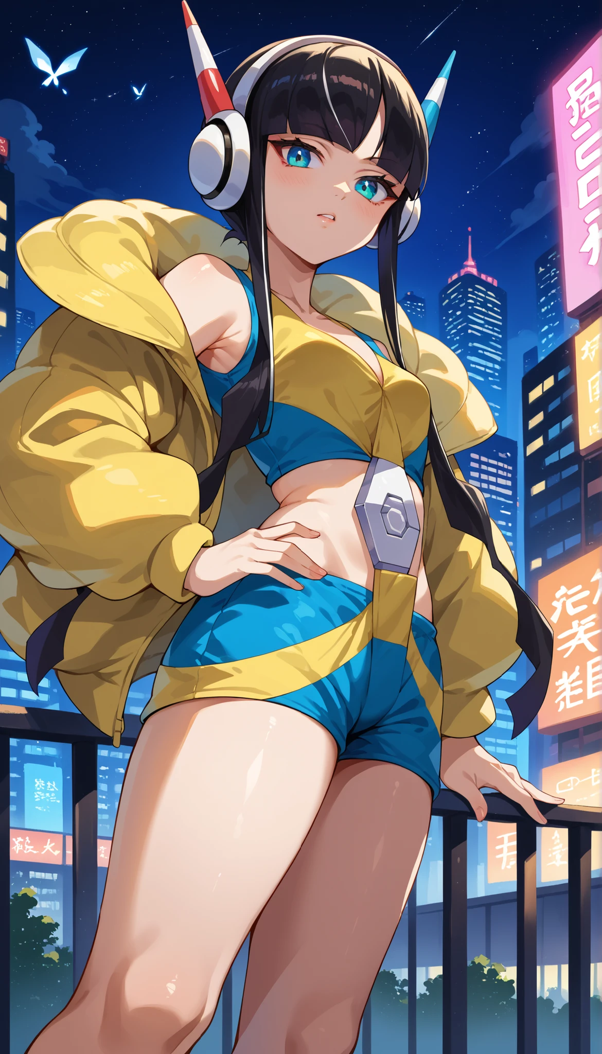 score_9, score_8_up, score_7_up, score_6_up, source_anime, BREAK 1girl,  bw2ele, black hair, streaked hair, long sidelocks, hair ornaments, headphones, yellow jacket, puffy jacket, crop top, yellow and blue shorts, neon city at night, looking at you, from below, hand on hip