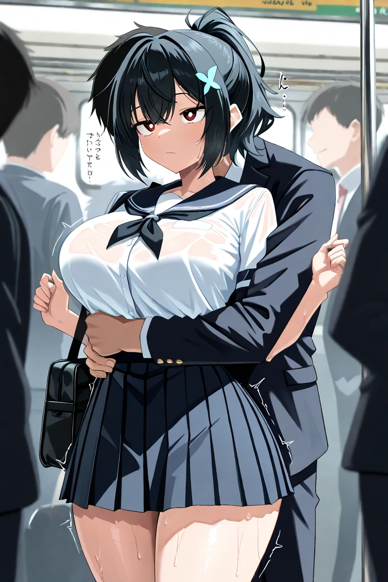 SFW,  masutepiece, VERY crowded subway train interior detailed scenario, VERY crowded subway train interior detailed background, Insanely hot standing (1 girl) Use something sexy ((School uniform)), （black hair color Short hair）、（red eyeole under the mouth）(((Lifted skirt)),（Big breasts）、 (Big ass), (thick thigths), (fear expression), blushed face, old small man ass groping woman 1 from behind,(((old small man pressing his chest on woman 1 back))) And (((holding her waist behind her))),NSFW,sex,skirt flip,sex,bare pantie