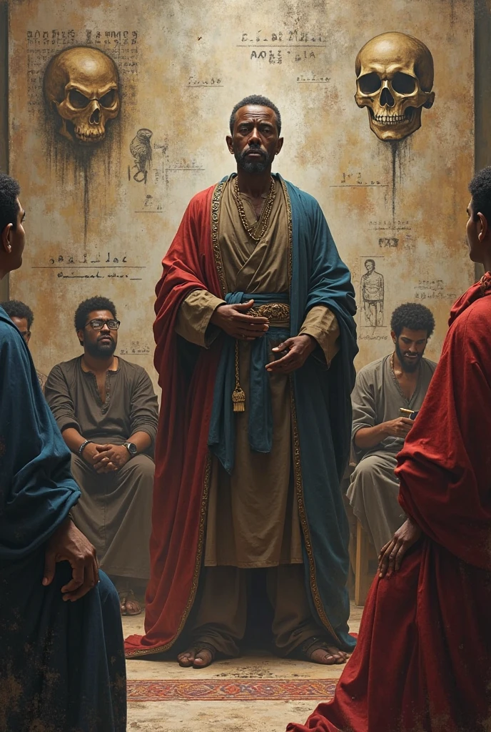  oil painting size 9:16 with the figure of the master and his slaves:

**Employer Figure Image:**
The master stands in the center of attention wearing the long robes of the ancient Arabian kingdom., stand out with a dominant attitude. His face, with dark and rough skin, shows the depth of anger expression. His sharp, prominent eyes were dark brown., sparkling with the fire of anger. His eyebrows were raised high, emphasizes deep lines on the forehead. His nose is big and firm, while her thin lips were tightly closed, hold back his anger. His prominent chin emphasizes the firmness and strength of this character.. Employer&#39;s clothing, which is made of heavy and expensive fabric, looks neat but with slightly wrinkled details, indicating his emotional instability.

**Expressions and Postures of the Slaves:**
In front of the employer, the slaves looked very scared. They stand in a crouching position, with some of them bowing completely. Their facial expressions reflected helplessness and panic.. Some boys, especially the younger ones, looks like he&#39;s about to cry, with tears welling up in their eyes. Their facial expressions expressed deep anxiety., with trembling lips and trembling hands. Their clothes, simple and a bit ragged, increasingly highlighting the differences in social status with employers.

**Atmosphere and Background:**
The background of the painting is a dark and gloomy room, with rough and unkempt walls, adds a sense of oppressive atmosphere. A dim light from an unseen source behind the master illuminated only part of the room., creating long shadows that add depth and drama to the composition. The rough texture of the walls and floors is clearly visible., gives the impression that this place is unfriendly and emphasizes the discomfort of the slaves.

**Details and Techniques:**
Oil painting techniques are used to give depth and richness of color. Every detail of the face and