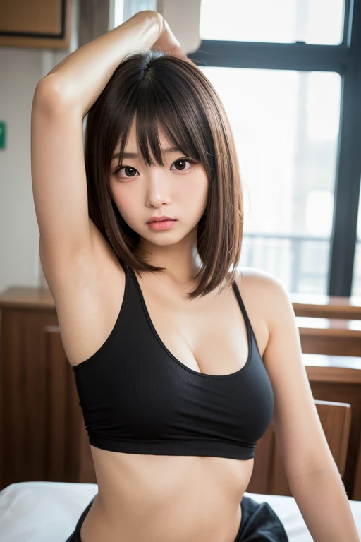 Highest quality, 8ก, Masterpiece :1.3 sharp focus :1.2, Beautiful woman with a beautiful face :1.4, Slim stomach, large breasts, emphasizes cleavage, Can see under breast:1.9 Photo realistic:1.4 realistic:1.4 light brown hair:1.5 highly detailed facial and skin textures, Fine grain, Double eyelids. face makeup, A little bit of lipstick, sexual attraction, Very sexy burning pose, Black tank top and denim shorts、village floor、The undershirt is transparent..、The way you walk to emphasize your breasts..。:1.6