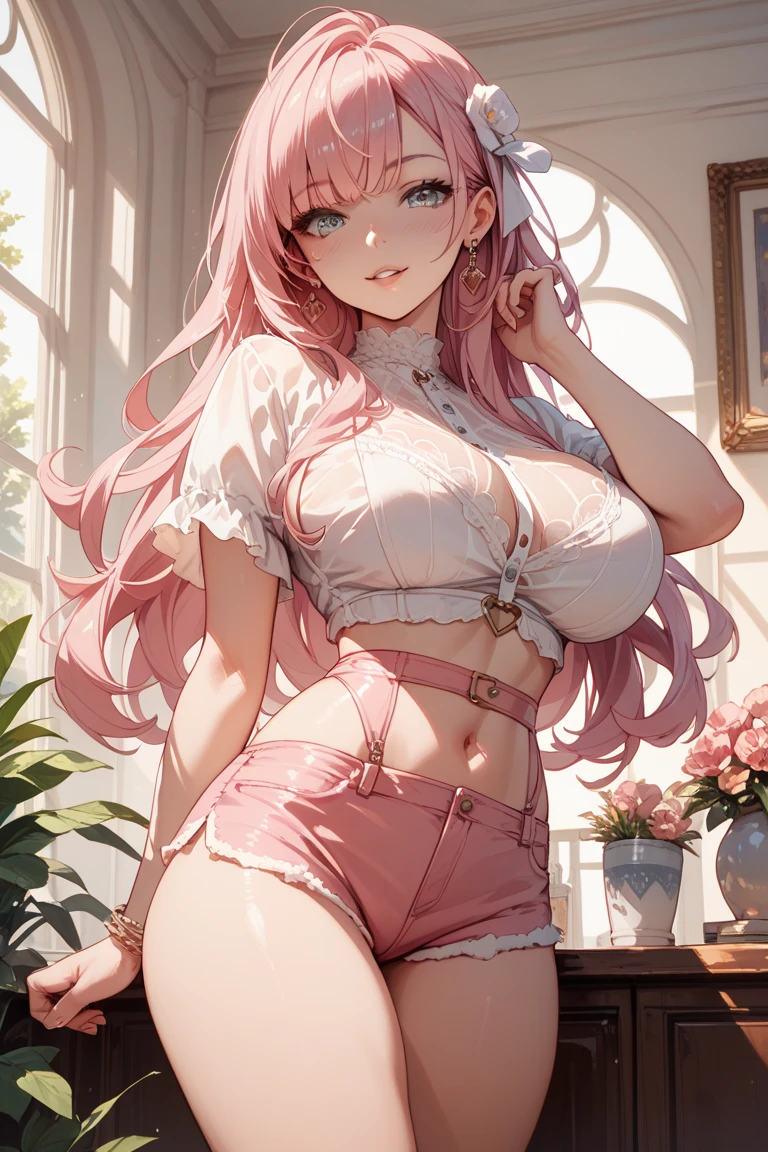 (((1Girl, medium breasts))), solo, (((wavy short, flowing red color: 2.3, blown by the wind))), perfect blue eyes, double eyelids, light effect on eyes, lace crop top, shorts and pleated skirt kawaii, short strap, short, lace, (art, best quality; 1.3)), ultra detailed, wallpapers Unity wallpaper 8k wall, CG, ray tracing, illustration, colorful, cinematic shadow, extremely detailed background and beautiful, video, VRay shading, TR)), art, hyperrealistic, hyperdetailed, best quality, 16k, light and shadow effect on skin, bright colors)), masterpiece flirting with the viewer, luxurious, elegant, extremely detailed, pink lips, smiling, shy, feminine charm, blush on the cheeks, beautiful sky, trees, near a kitchen window, butterfly, beautiful flowers, depth of field, sensual pose ((((((lineart)))))))