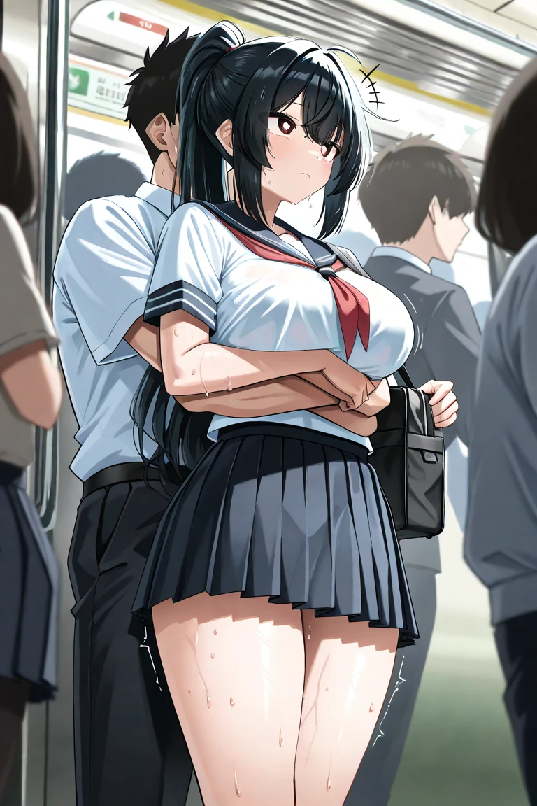 A naked middle-aged man is kissing and putting his tongue into a small-breasted girl with black bob hair, eyes wide open, crying, nipples erect, pale pubic hair, topless, wearing floral panties and a checked skirt, who is shy and scared and resisting, on a train、whole body