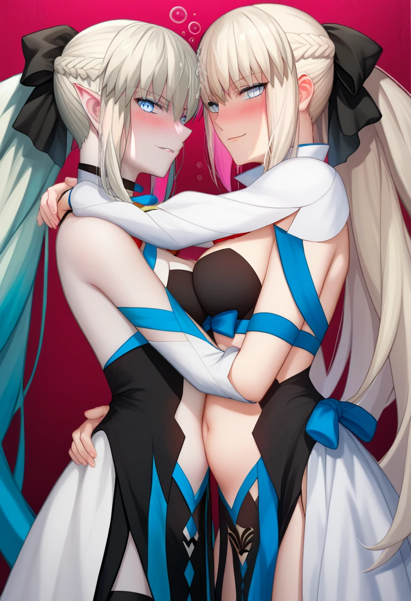 sensual,((twins、two women、next to each other))、long blonde hair, thick thighs, 8K, 4K, highest quality, High resolution:1.2), cute anime face, noise reduction, shining blue eyes, gentle smile, Gentle eyes、wearing a headband, naked, toned abdominal muscles, muscular arms, muscular legs, (((exposed nipples))). , young face, anime chic eyes, In a church, white bodysuit, white rubber suit,white thong, Lock,O-ring,See-through,veil,elbow bag,Mistress,collar,cuffs ,thigh strap,thigh boots, Harness、全身Harness、garter belt、(((emphasize the buttocks、Turning around)))