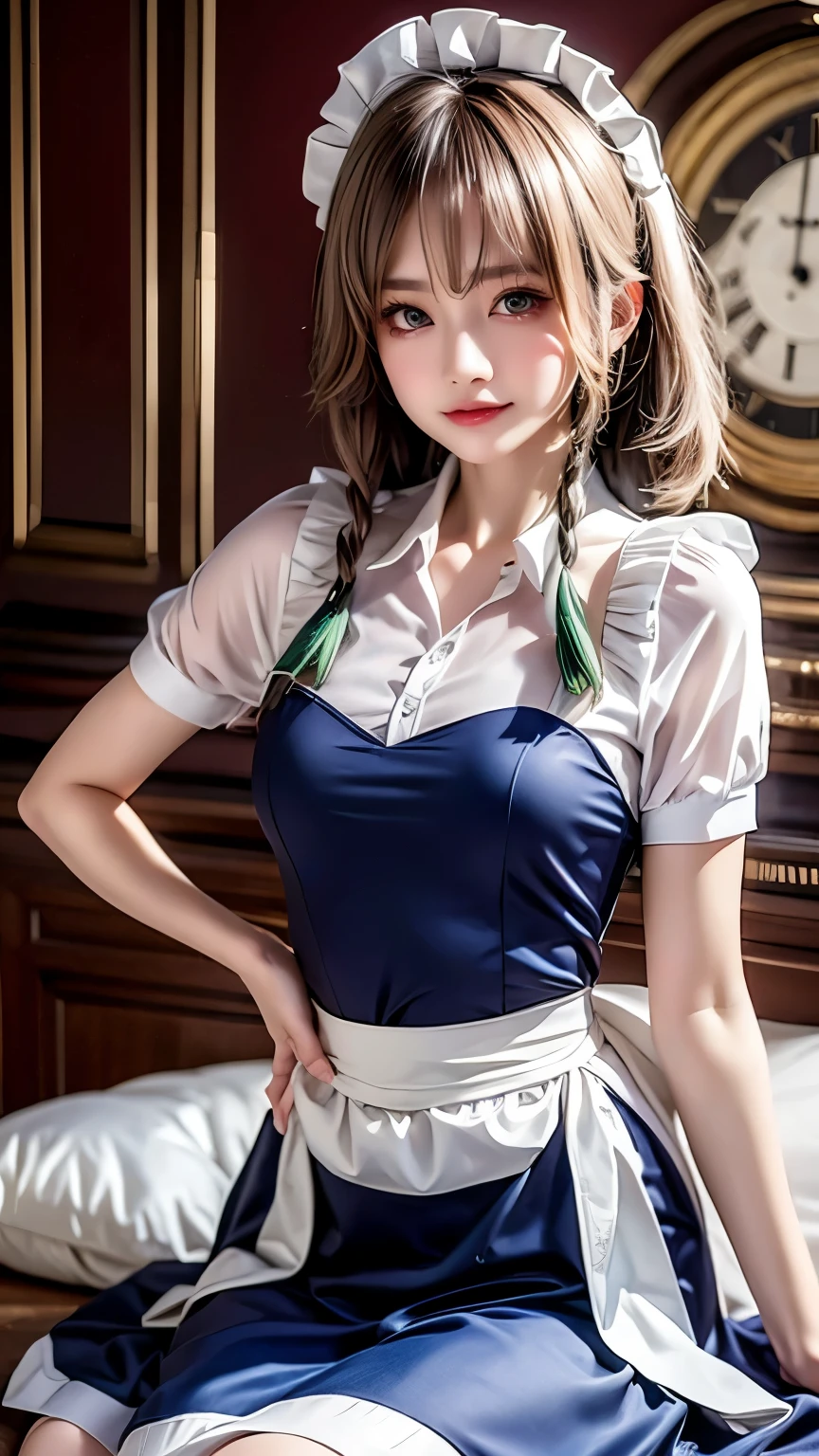 detailed skin, detailed face, blurry light, shiny skin, best quality, amazing quality, very aesthetic, absurdres,newest,highres,High quality, high resolution, high quality illustration, masterpiece, best quality, solo, 1girl, izayoi sakuya, ribbon, bow, watch, green bow, pocket watch, hair bow, clock, knife, between fingers, waist apron, short hair, frills, short sleeves, puffy short sleeves, maid headdress, holding, apron, holding knife, frilled apron, green ribbon, thighhighs, braid, grey hair, twin braids, maid, puffy sleeves, blue eyes, dress, blue dress, maid apron, izayoi Sakuya