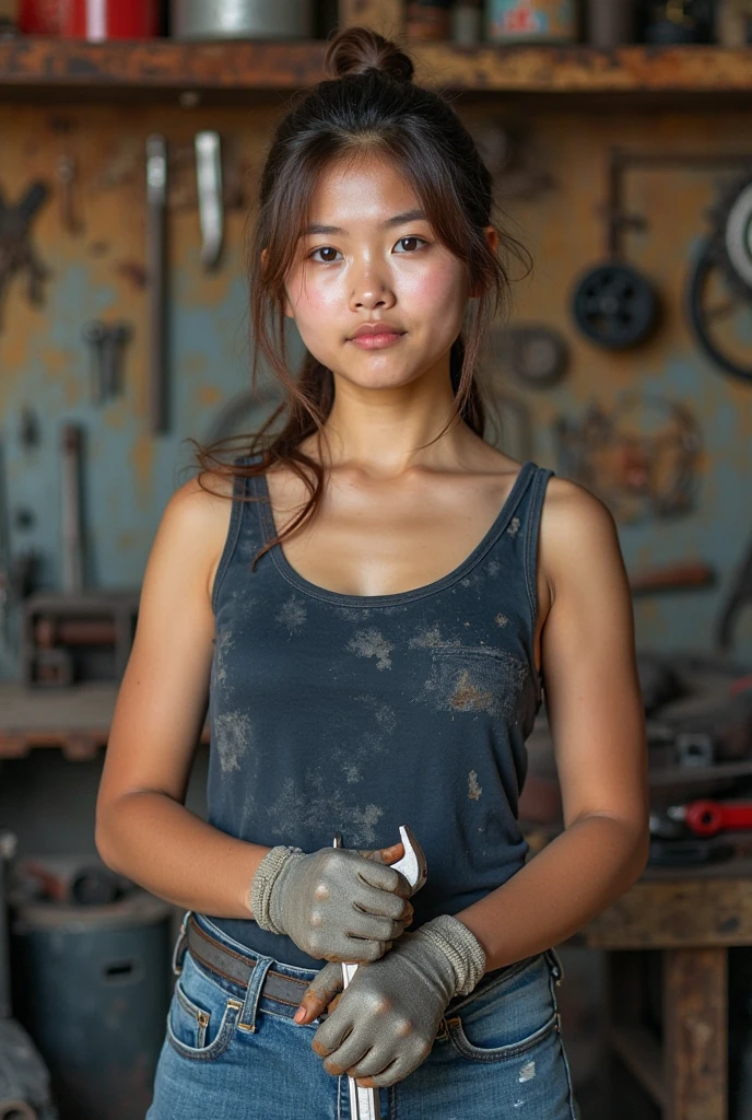 a beautiful 20 year old Indonesian girl wearing a sleeveless shirt and rough shorts is trying to repair a bicycle in the garage, normal fingers, 4k face, atmospheric background.