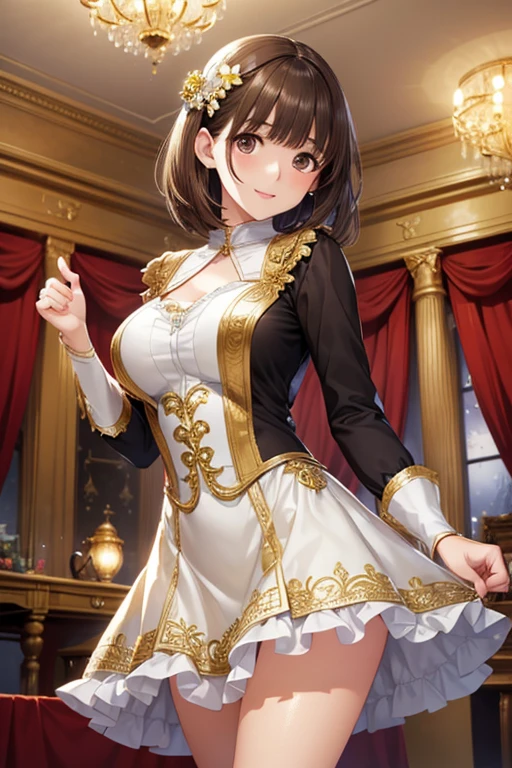 (Best quality at best, tmasterpiece), 1个Giant Breast Girl, Complicated details, cropped shoulders, a skirt, Collar, decor, , looking at viewert, Be red in the face, The upper part of the body, vague background, Floral, Comparative