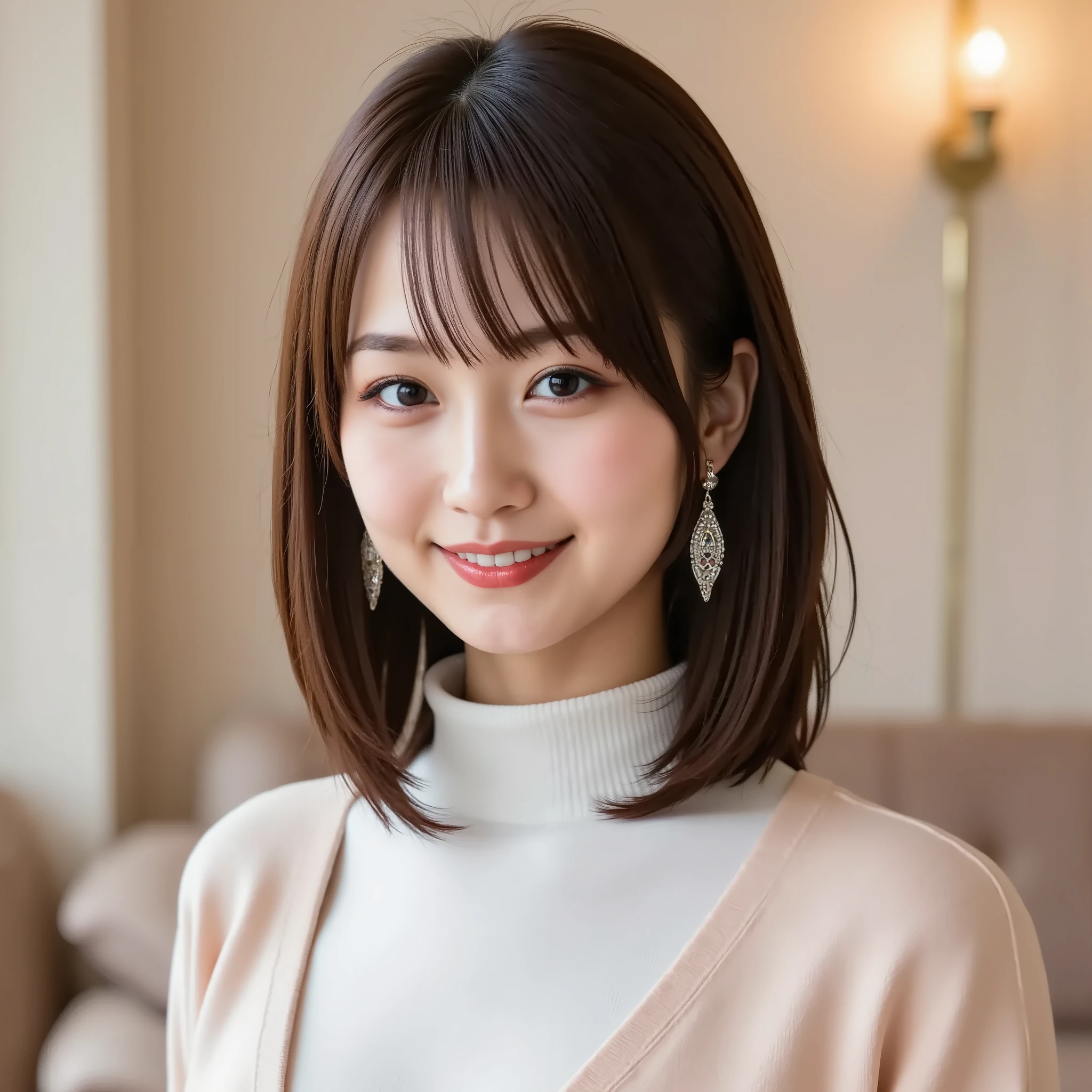 洗練されたビジネスウェアを着た美しい若い日本人女性のプロフェッショナルなファッション写真, 現代的なオフィスインテリアで撮影. 彼女は七分袖の白い透け感のあるボタンアップブラウスを着ています, 体にフィットした黒いミニスカート, 透明な黒のパンティストッキング, そして黒いハイヒール. 透けるブラウスからブラが見えている. 被写体は片手を腰に当て、自信に満ちた表情でカメラに向かって温かい笑顔を浮かべています. 暗い木製のキャビネットに入った額縁の絵画, ベージュの壁, 近くの窓からの自然光. ミディアムショットのフレーミングは中央に配置され、ミックスライティングを使用して画像全体を均一に照らしています. 洗練された企業イメージを創り出すために、自然光とスタジオ照明を使用したプロフェッショナルなファッション写真.
