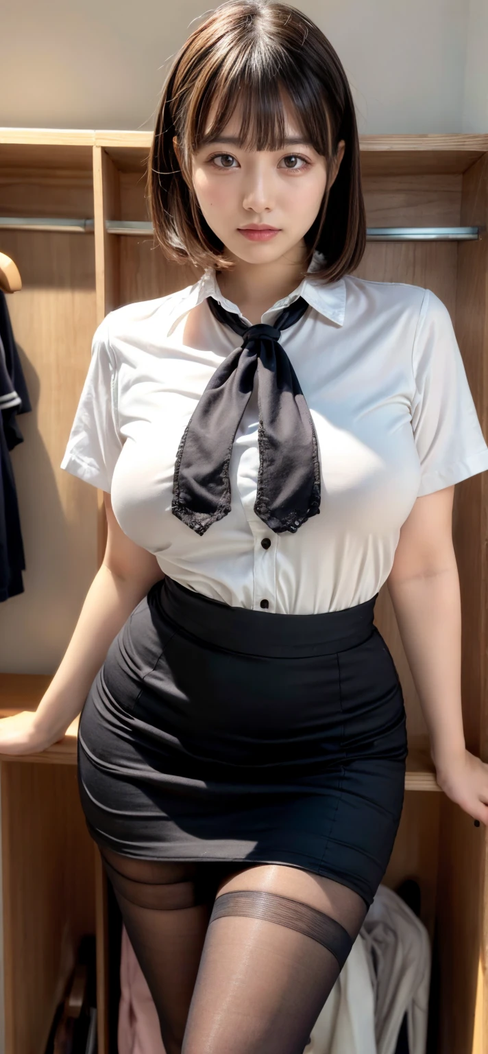 ultra - detailed、tmasterpiece、top-quality、超A high resolution、8K、high-level image quality、Cyber City Offices、Live action、Photogenic clarity、A detailed eye、二重まぶた，gradients、perfect anatomy body proportions ,hard disk、nffsw , Nikon Z9 80mm Lens 、masutepiece、1womanl, Solo, hips up high, view the viewer, (Detailed face), short white hair, short hair with exposed, White shirt, Skirt，black necktie,Black skirt,Shorts，Camel toes