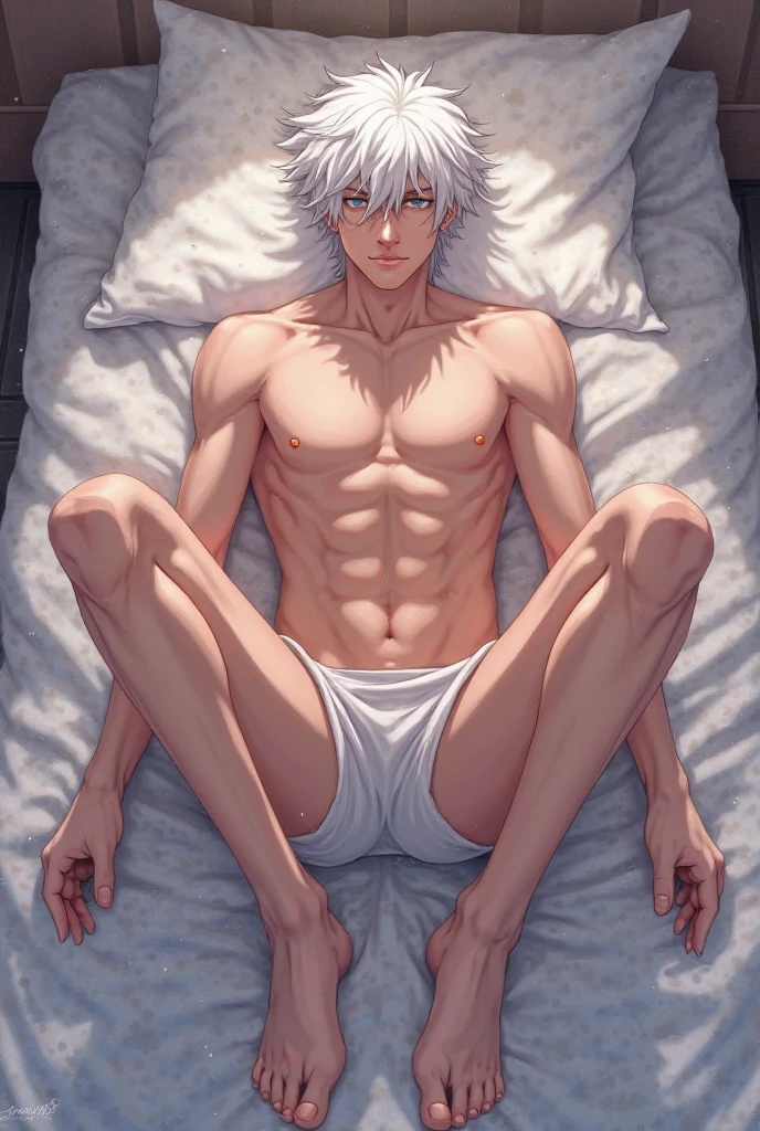 Two-dimensional boy,Gray hair,modern day,effeminate,Long loose hair,Tears in her eyes,Naked,schoolboy,Half kneeling on the bed,multiple persons
