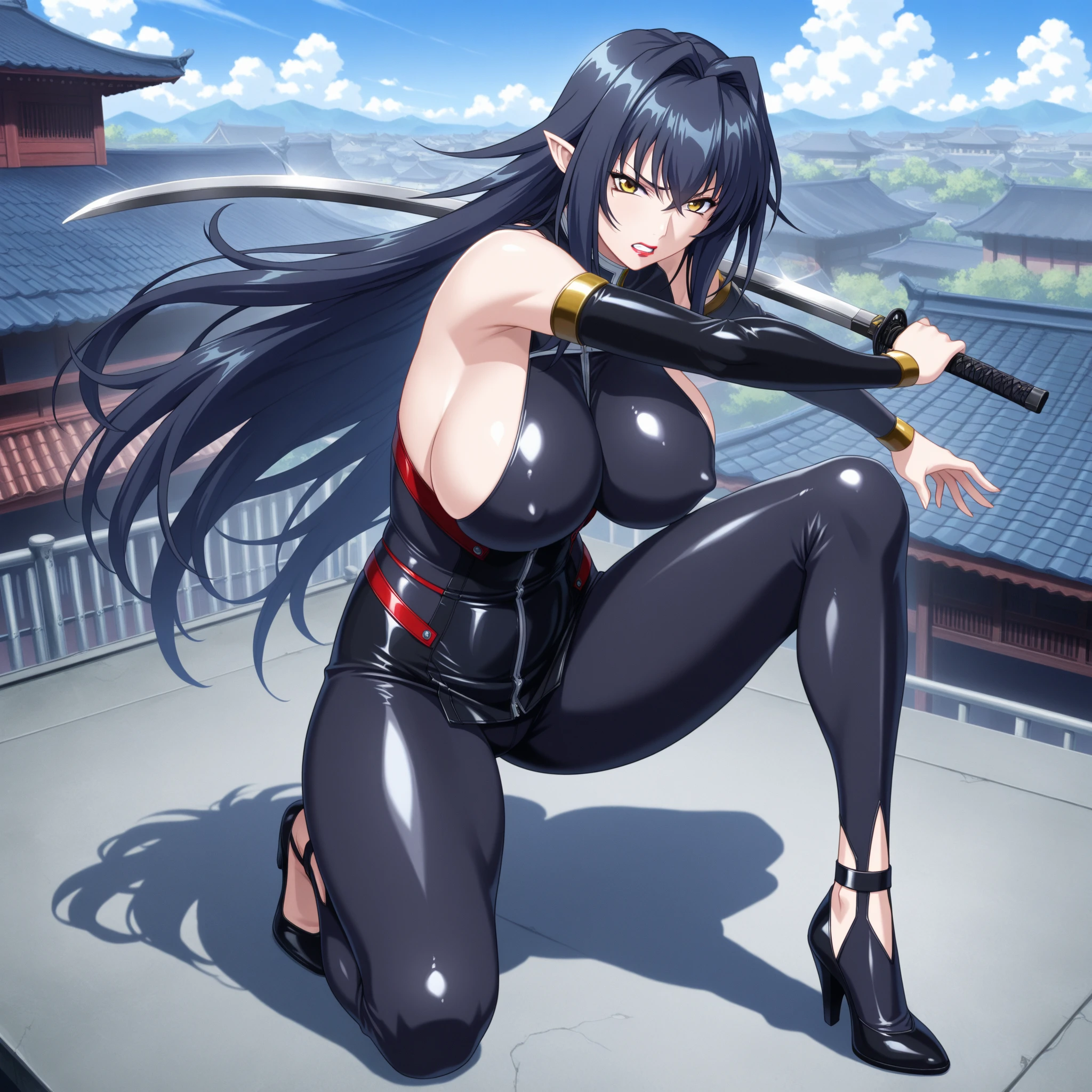 ((table top, highest quality, High resolution, nffsw, perfect pixel, 4k, nffsw, nffsw、Anime Screen Capture、Red Gauntlet))), 1 girl, single, alone, Beautiful woman、I could see the whole body、 ((middle wave hair, dull bangs, Braid black hair)), ((Red and shattered eyes, beautiful eyelashes, realistic eyes)), ((detailed face, blush:1.2)), ((smooth texture:0.75, realistic texture:0.65, realistic:1.1, Anime CG style)), ((muscular、huge breasts,wide ass、wide hips、thick thighs、both armpits))、(((Black and white sci-fi suit、Red back of hand))), perfect body, In town、((Very embarrassed、Sweat))、