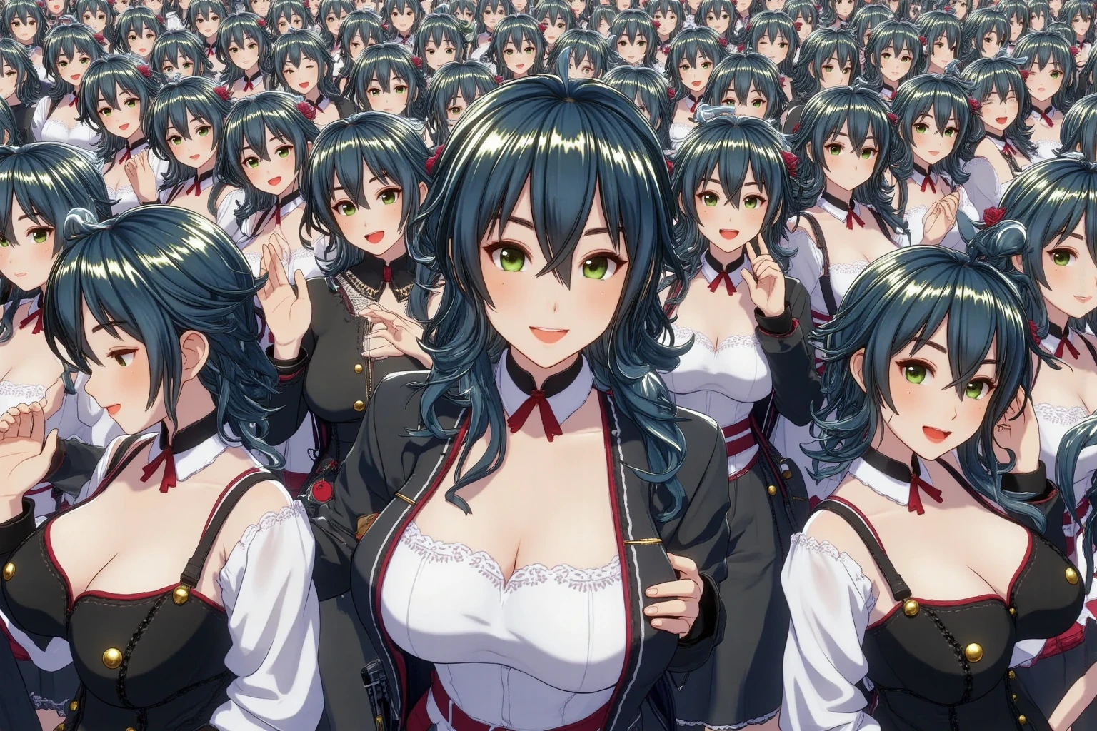 (wizard classroom: 1.2), robes, wizards, sorcerer, magic academy, alchemy, table, desk, (giantess:1.3), small breasts, smug, cleavage, serafuku, tall, a classroom of people on a platform below the breasts of a giantess, a classroom of people on a platform in front of the breasts of a giantess, (crowds:1.4), (multiple_girls:1.5), (1girl:1.5), serafuku, (minigirl:1.4), (minigirl on a table: 1.2)
