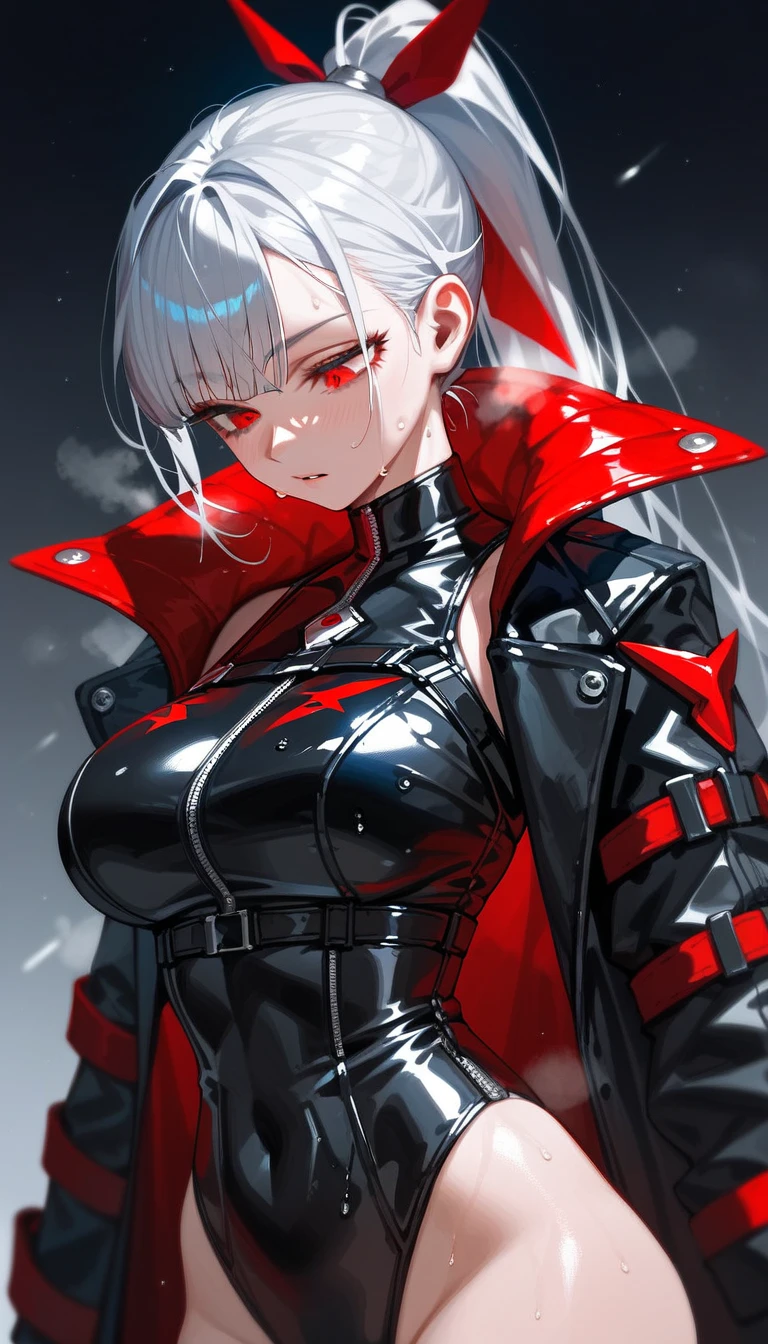 Tall, slim, She has long grey hair tied back in an enormous, messy ponytail that reaches down to her thighs, some of her hair is covering one of her eyes, she wears a red jacket, wearing a black full-body suit, golden eyes