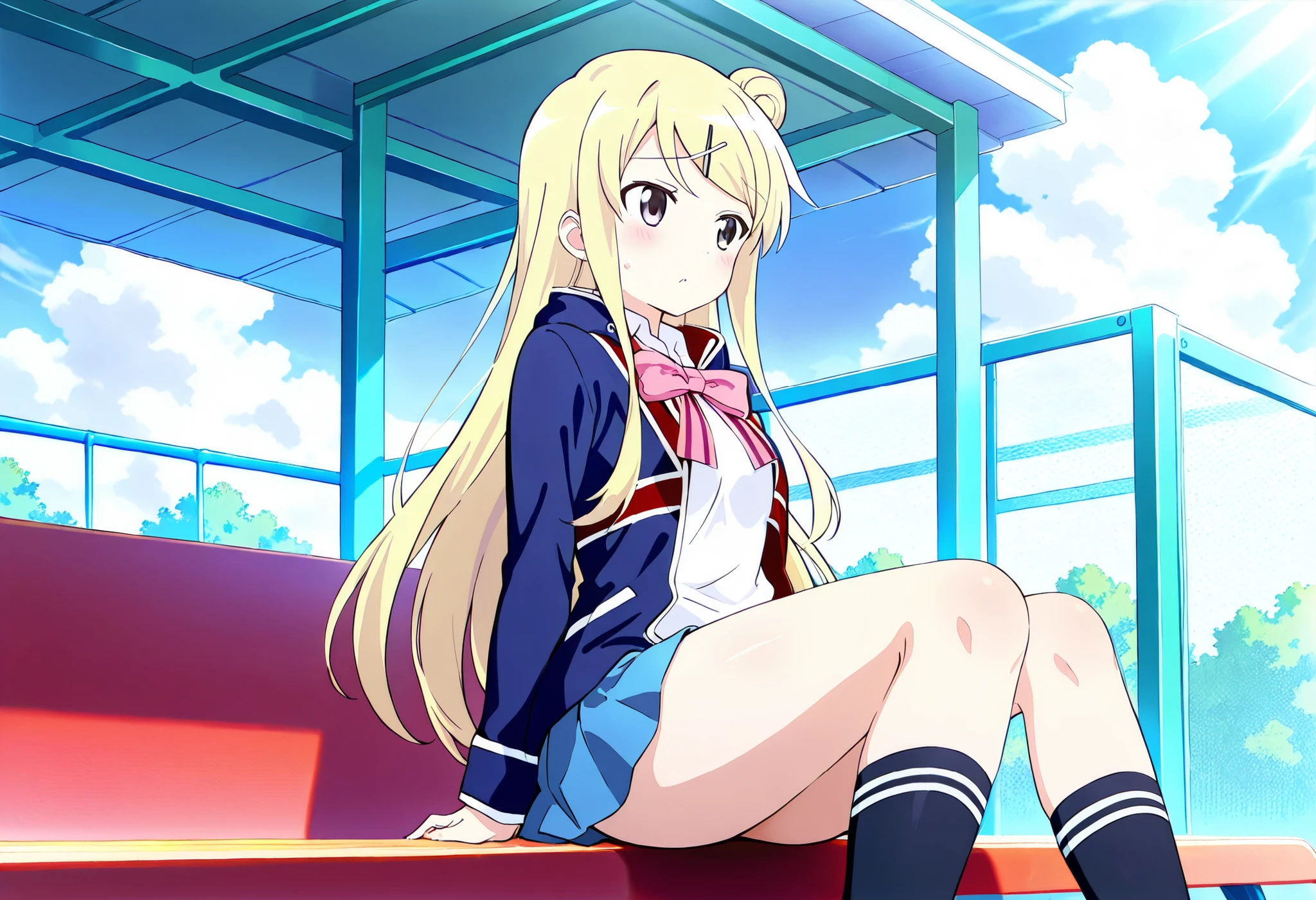 1girl,unwellness(autonomic nervous system disorder and depression) thick thighs Kujou Karen very long hair,blonde hair,single hair bun,hairclip,x hair ornament,sidelocks,side swept bangs,black eyes,white shirt,collared shirt,union jacket,pink bowtie,neck ribbon,pink ribbon,long sleeves,small breasts,miniskirt,blue skirt,black socks,red footwear, sitting alone on the school bleachers
koutei,scenery,outdoors
