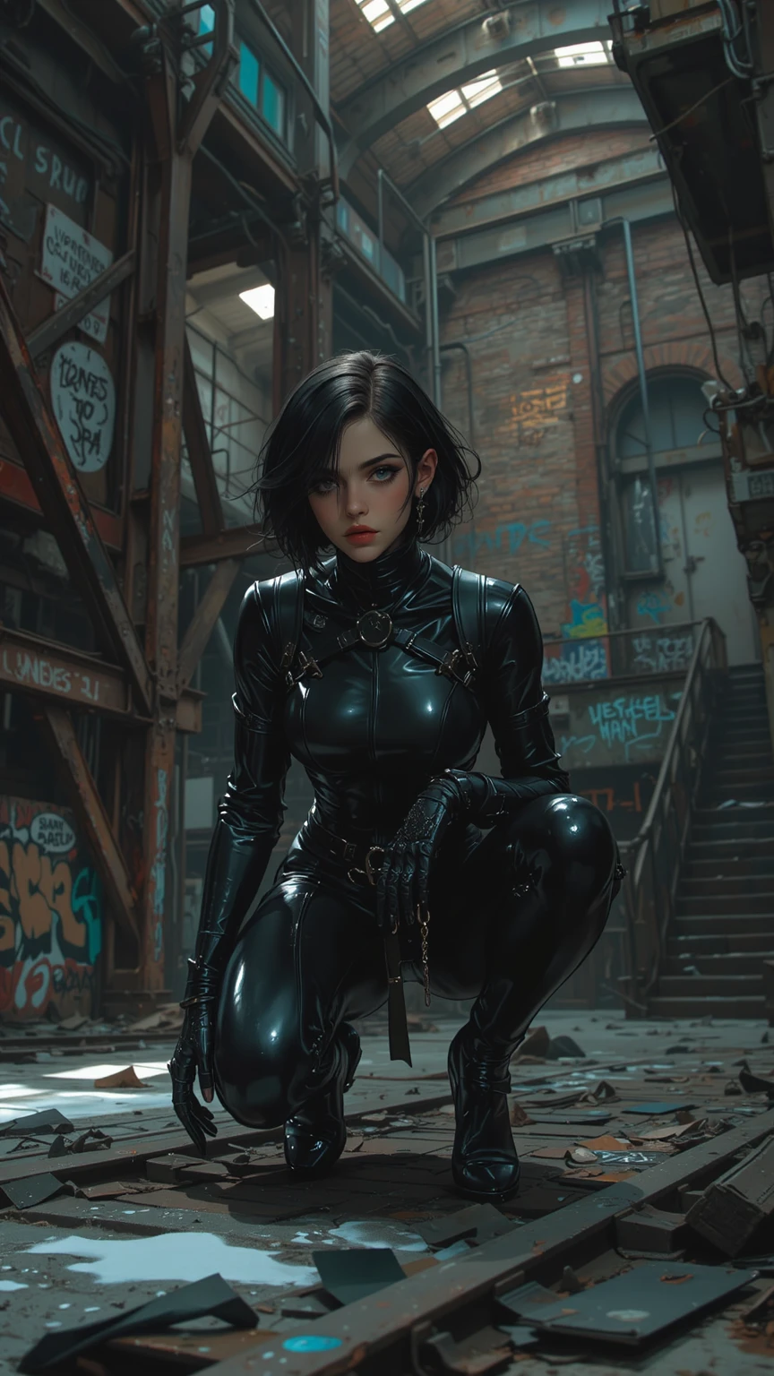 ((Beautiful woman:1.2)), ((Rubber slave suit:1.4)), ((Chain collar:1.3)), ((Restrained:1.3)),
A stunningly beautiful woman is seen donning a rubber slave suit, the sleek and glossy material clinging tightly to her curvaceous figure. The suit’s sealant lines accentuate her hourglass shape, leaving no detail unnoticed. Her long, lustrous hair cascades down her back, a stark contrast to the rigid collar around her neck, which secures her with a heavy chain. Her deep, captivating eyes exude a sense of vulnerability and desire, as she looks up at the view