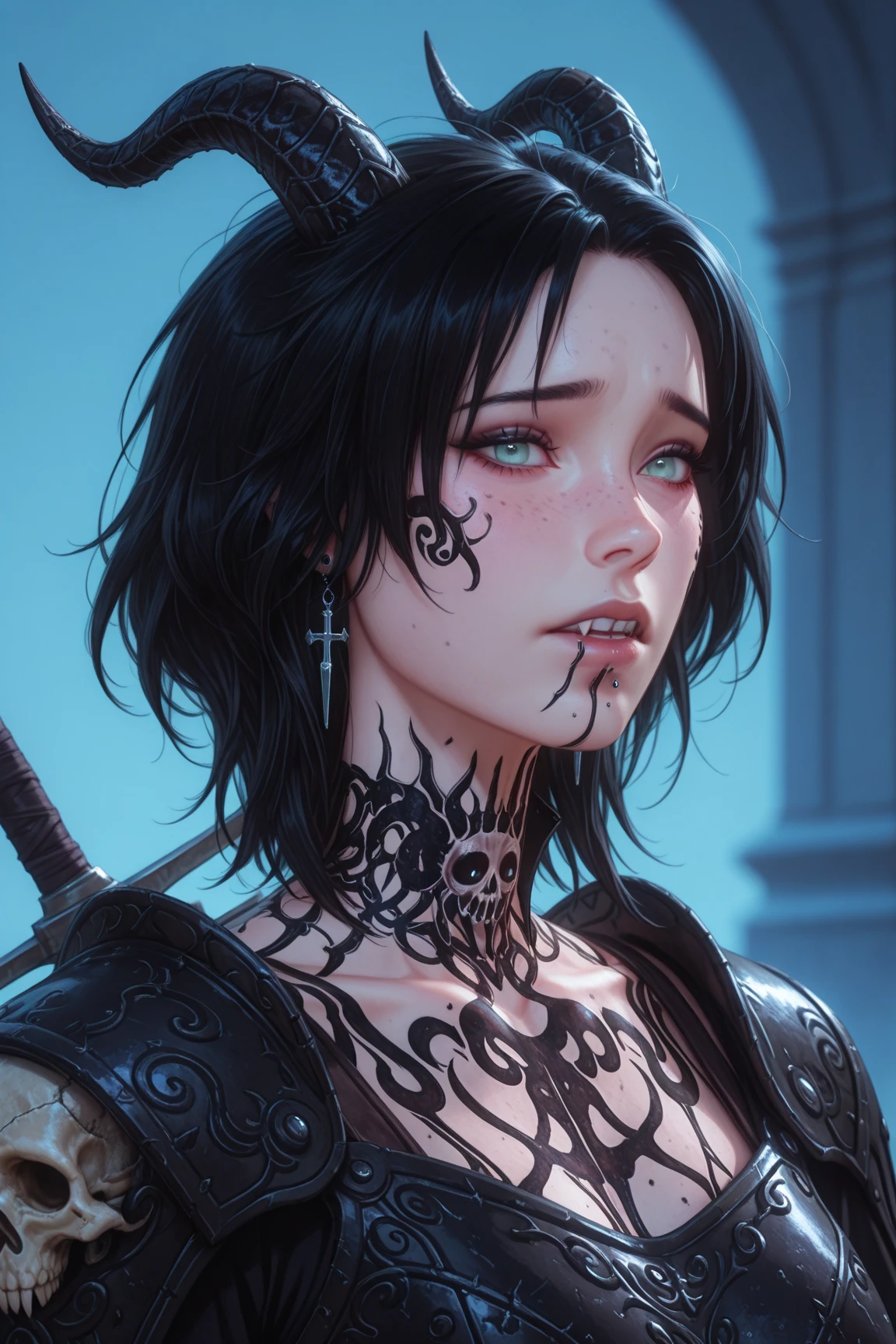 ((best quality)), ((masterpiece)), (detailed), perfect face, Undead, Kesatria wanita, rambut hitam, mata merah, tanpa senyum