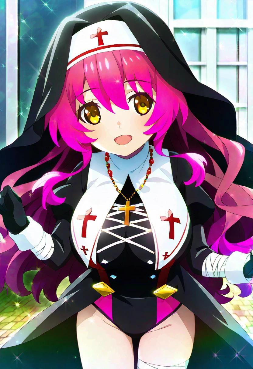 score_9, score_8_up, score_7_up, source_anime, anime_screencap, masterpiece, best_quality, uncensored, higurashimei, cowboy shot, upper body, (tween:1.2), ((kawaii)), 1girl, bandages, breasts, buckle, cross-laced clothes, gloves, high-visibility clothing, jewelry, large breasts, leotard, multicolored hair, necklace, panties, thighs, underwear, vest, long hair, messy hair, wavy hair, yellow eyes, pink hair, nun, happy, huge breasts