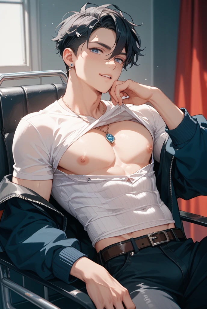 masterpiece, best quality, ultra detailed, (solo man), (male focus), ((Oblong face)), ((Square jawline)), black hair, ((hairs between eyes)), ((shoulder length)), ((narrow blue eye)), fair skin, skinny body, beauty mark, nsfw, wet skin, spread legs, bed