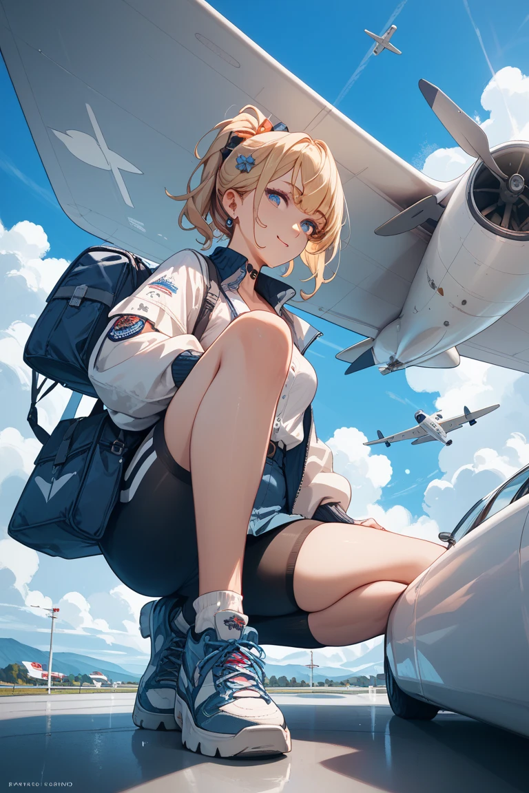 {(masterpiece,best quality, 8K UHD, extremely detailed CG, detailed beautiful face and eyes and skin and hair)}, {(ultra realistic photo style:1.4)}, {(Free fall from Altitude 10000m:1.4), (out of focus background:1.4)}, {1woman, medium hair, Ponytail hair with braids, medium breasts, forehead}, {(strike_witches:1.4), (white small_lace_panties:1.1), (military shoes:1.4)}, {(crotch showing pose:1.4), (feet up:1.3)}, {(cheerful:1.4), (candid shot), (hair stands on end in the wind)}, {(NEW_YORK city)}