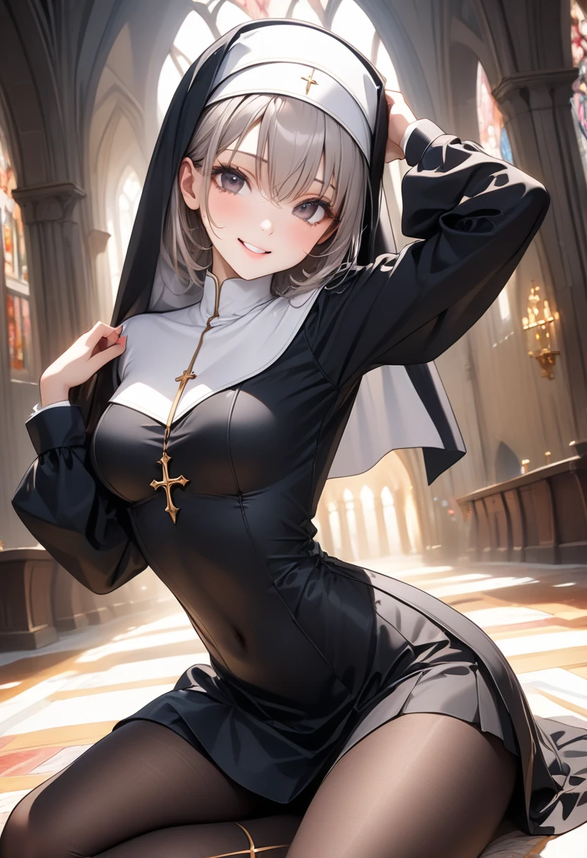 ((Golden decoration)), ((traditional nun)),, ((skirt)), ((pantyhose)), ((Shiny Costumes)), skindentation, skinny, solo, 1 woman, Masterpiece, highest quality, highest quality, 16K, incredibly absurd, highly detailed, 2.5D, ai-generated, delicate and dynamic, very delicate facial expressions, delicate eye depiction, erotic, only sexy woman, ((A cute and kind face)), healthy figure, ((25-year-old woman)), 160cm tall, medium firm swaying bust, , blush, Sweat,Embarrassed,sexy, ((thin thighs)), (camel toe:0.7), (visible nipples:0.3), (Erect nipples,:0.7), shiny and lustrous, facing straight at viewer, (((in heat))), ((Oily_skin)),, ((dutch angle)), ((erotic pose)), Dynamic Pose,