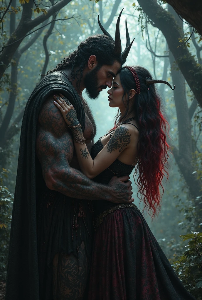 A brown haired woman behind a very handsome black haired man with heavy tattoos and looking like a ghost with blood
