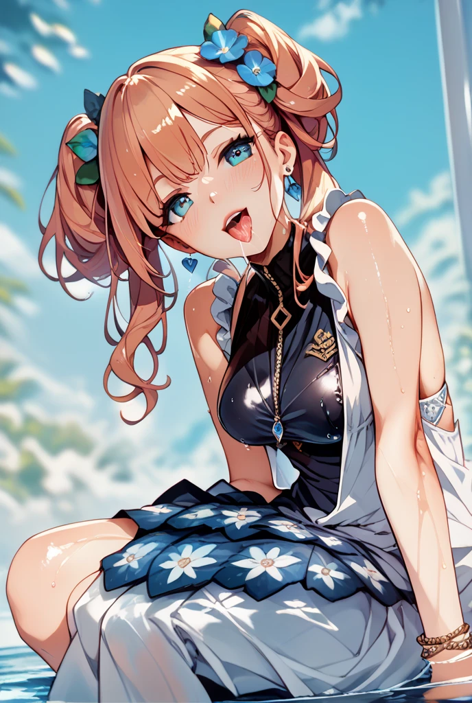 Daiwa Scarlet、cute hair accessorieasterpiece:1.2, Highest quality), (Realistic, photoRealistic:1.4), Beautiful illustrations, (Natural Side Lighting, Cinema Lighting), View your viewers, One girl, Idol Sculpture, high school girl, Perfect Face, Cute and symmetrical face, Sunburn, Shiny skin, thin, (short hair:1.2, Side Ponytail:1.2, Blonde), Parted bangs, Golden Eyes, Long eyelashes, (Large Breasts:0.6), Beautiful Hair, Beautiful Face, Beautiful attention to detail, Beautiful clavicle, Beautiful body, Beautiful breasts, Beautiful fingers, , choker, Wrist Chakra), (Beautiful views), Tropical beach, (Cute smile),Open your mouth、Cute double teeth、