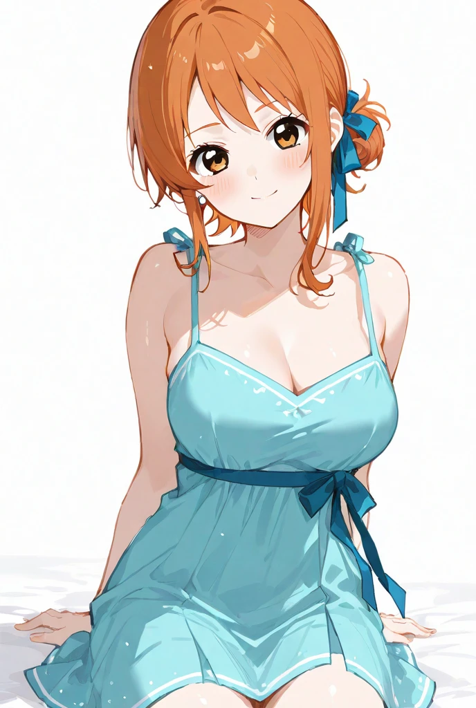 ayumu uehara,Anime-style color grading, bushiroad studio coloring style, yellow eyes, ultra-detailed,(best quality),((masterpiece)),(highres),original,extremely, 1girl, breasts, solo, looking at viewer, cleavage, sky blue dress, thighs, parted lips, white background, off shoulder, ((in front of the house))