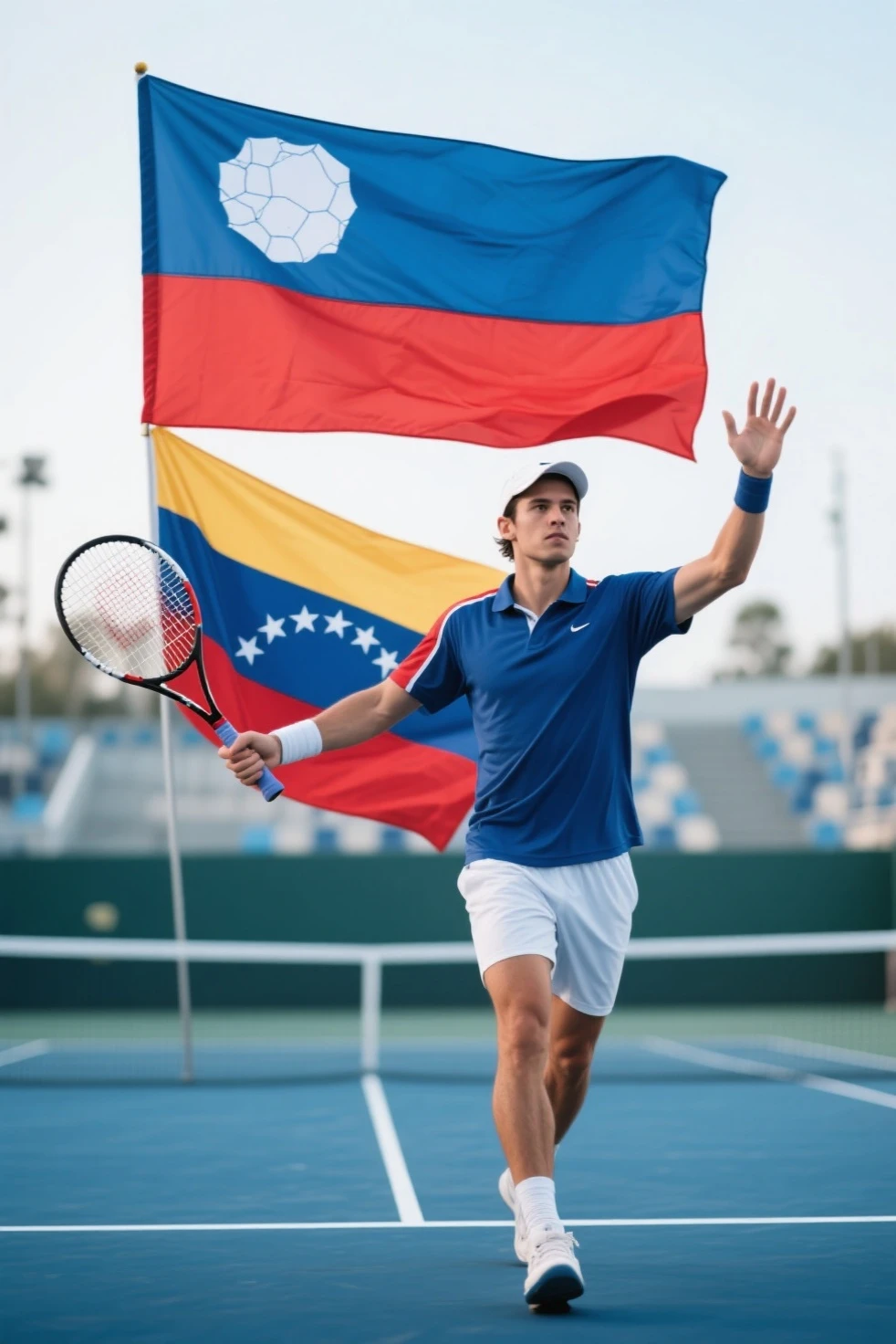 Create an image of an Iranian tennis player, at 2 landing with the ATP 250 trophy, on the court, doha me, Qatar, 8k, Full HD, wallpaper, RAW