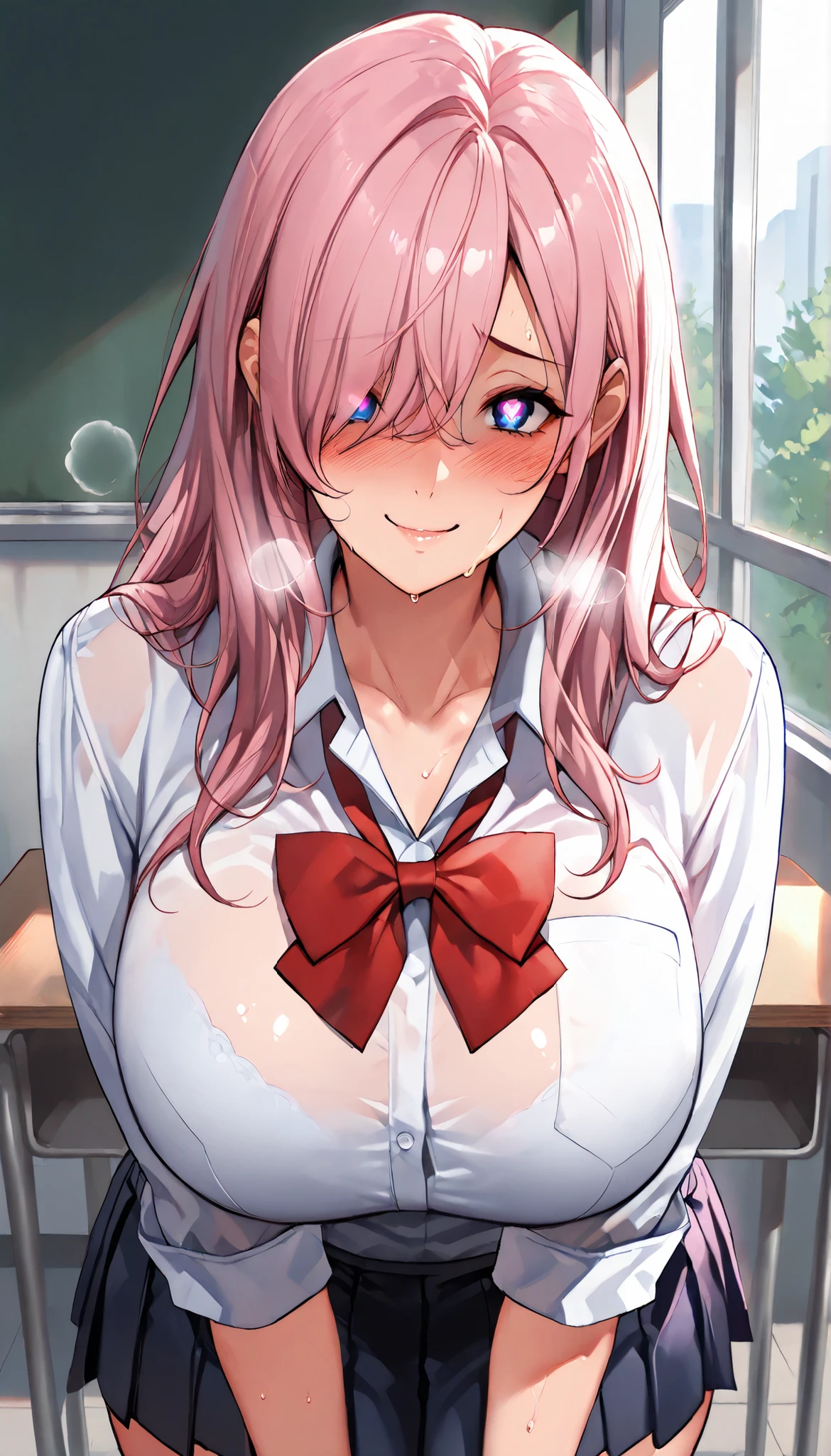 SOLO,Modern Backgrounds,A female with slim body(older girl),blue eyes,huge oppai,shiny skin,(Wearing A loose JK skirt),(Loose school uniform)(See-through),In The school Roof,(yandere),(heart in eye), heavy breathing,Pink long hair, hair over one eye),slightly tilted forward,UHD, SOLO, anatomically correct, masterpiece, textured skin, high details, highres, 1080P, 16k, accurate, Beautiful face, Beautiful Nose, Perfect face, Highly detailed beautiful face and eyes, Attractive face, Detailed face, Delicate facial features, Detailed skin,Cowboy shot