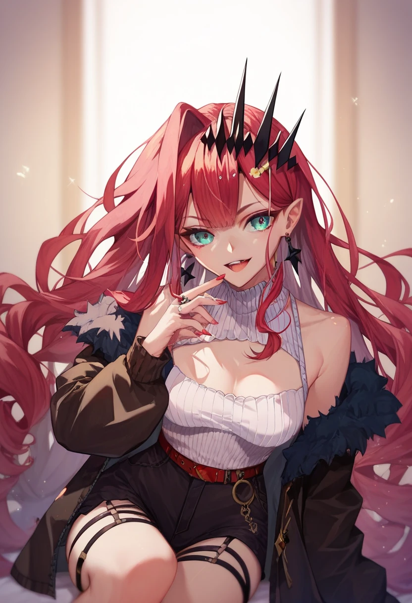 quality, masterpiece, highres,  <lora:arusd15:1>ï¼1girl, aru_\(blue_archive\), breasts, solo, horns, crossed_legs, halo, pink_hair, long_hair,  dress, sitting, looking_at_viewer,red_dress, large_breasts, smile, orange_eyes, bangs, yellow_eyes, bare_shoulders, alternate_costume, strapless, demon_horns